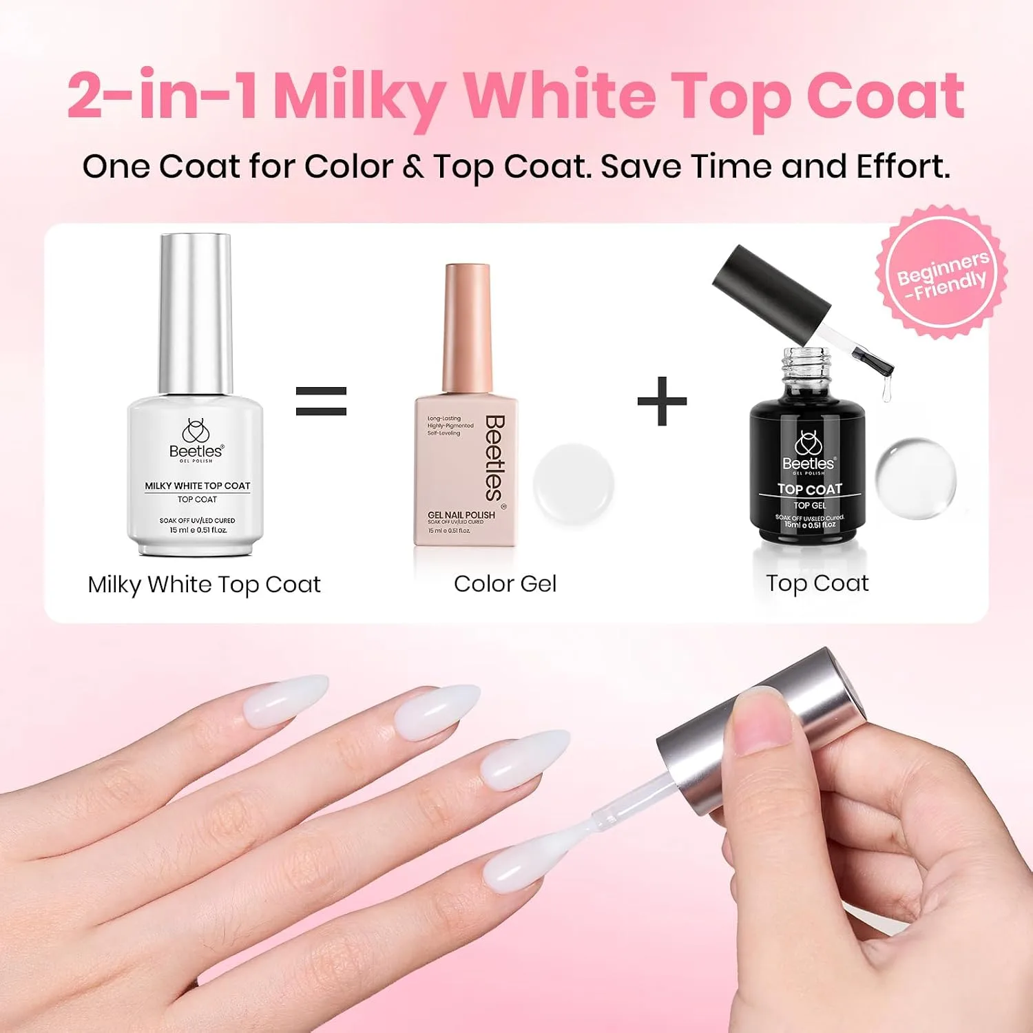 Beetles Milky White Gel Top Coat, 2-in-1 Glossy Top Coat Gel Nail Polish