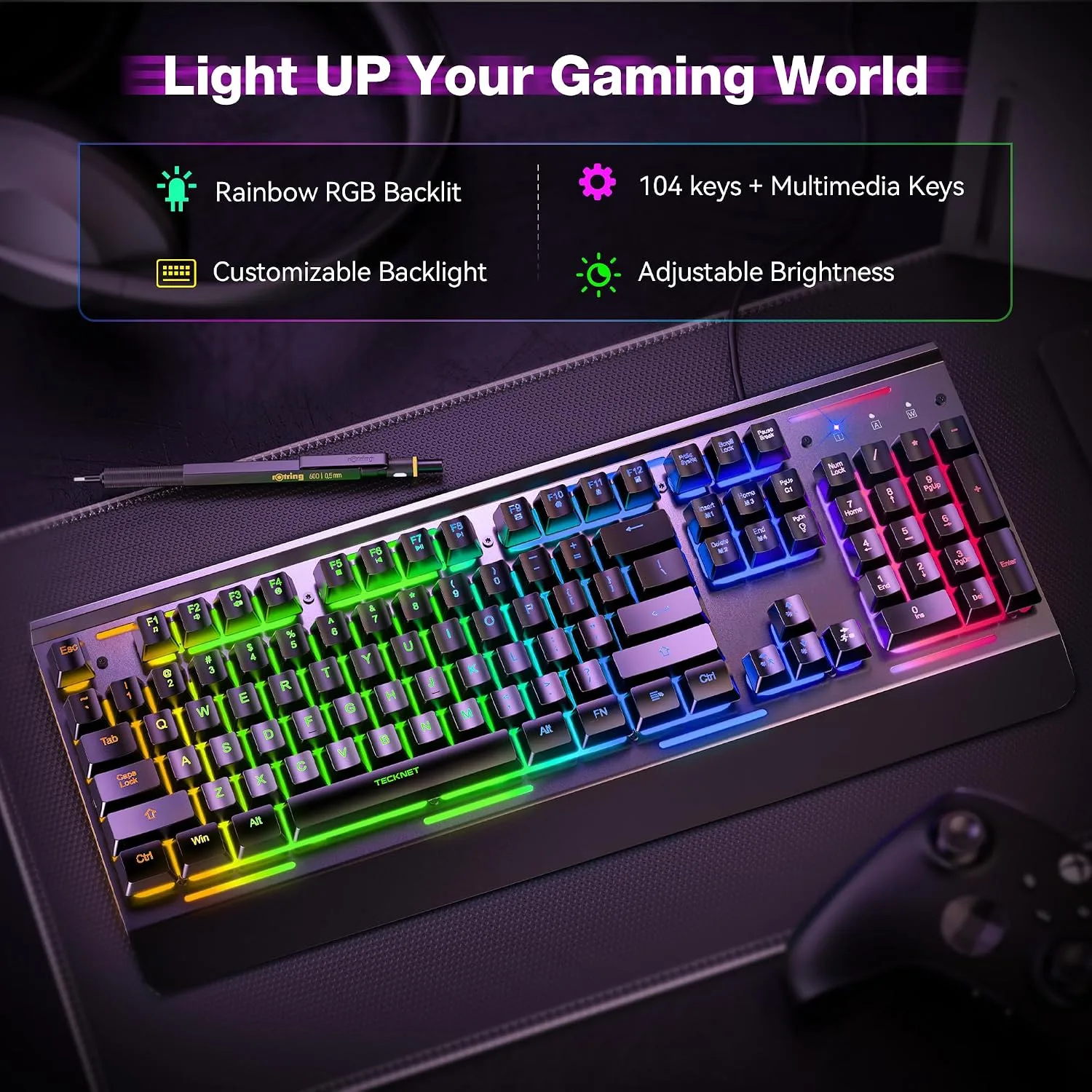 TECKNET Wired Gaming Keyboard, RGB Backlit Keyboard with Metal Panel Design
