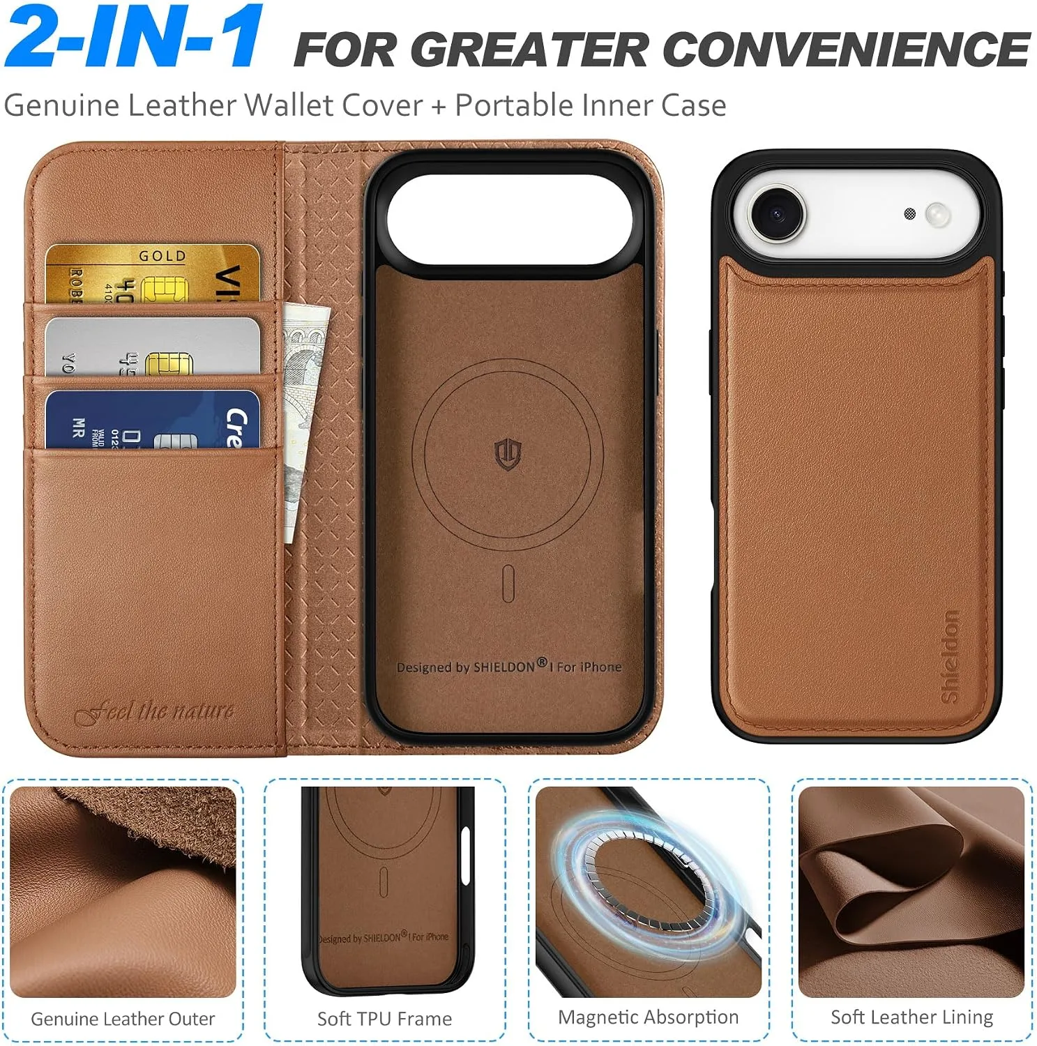 SHIELDON 2 in 1 Real Leather Case Wallet for iPhone Air 6.5", Saddle Brown