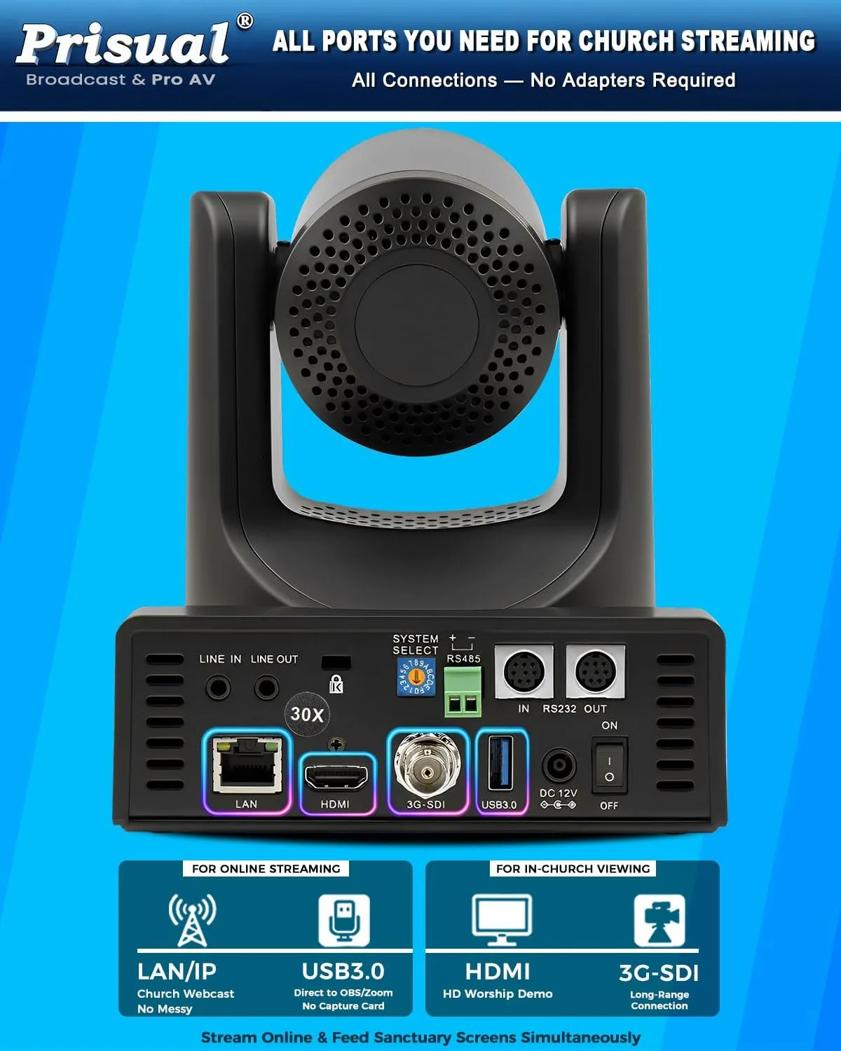 Prisual 5th Gen AI Auto Tracking PTZ Camera, 30X Optical Zoom, Broadcast Ready, PoE, 3G-SDI, HDMI, USB 3.0, LAN, Free NDI Upgrade for Church Worship, Auditorium, Live Streaming