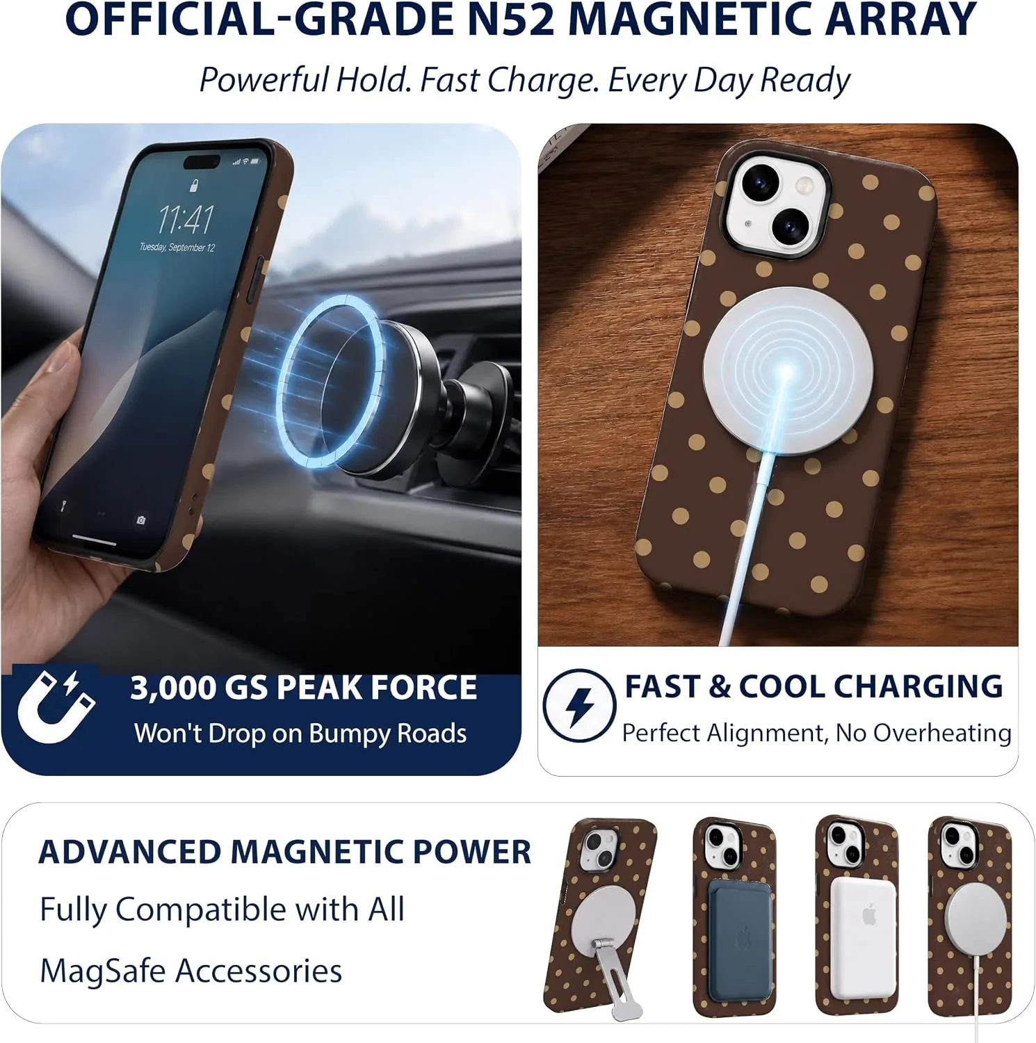 Magnetic for iPhone 15 Phone Case, Cute Brown & Cream Polka Dot