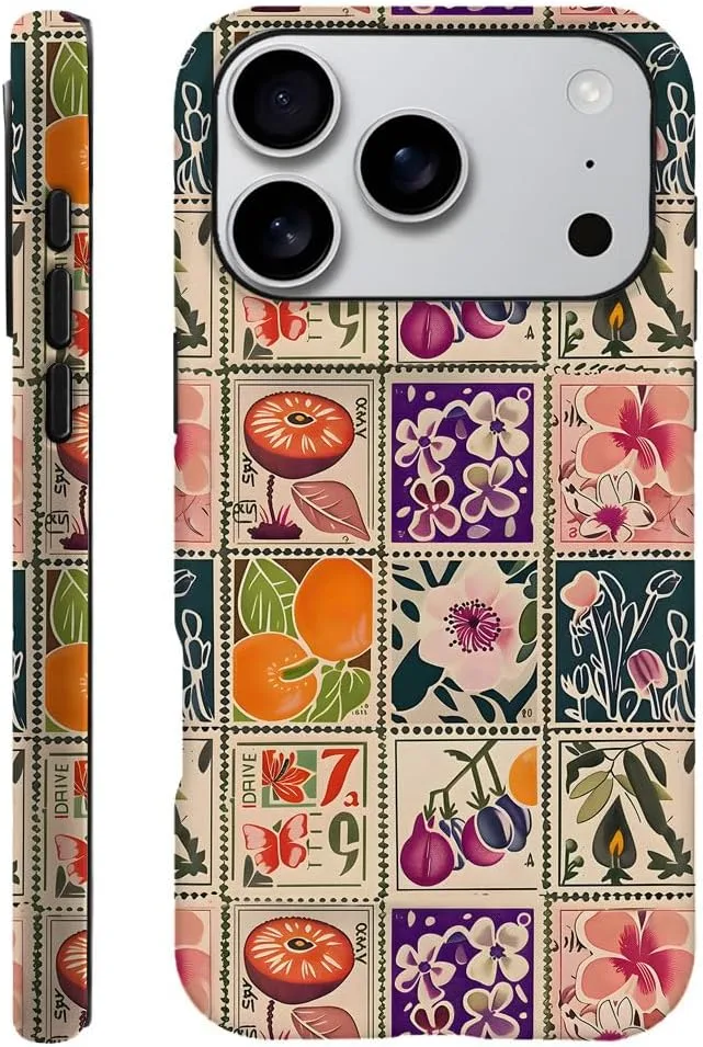 Case Compatible with iPhone 18 Pro/iPhone 17 Pro,Fall Prevention Hybrid 2-Layer Hard Shell Phone Cover for Girls Boys,Vintage Flower Orange Stamp Collage