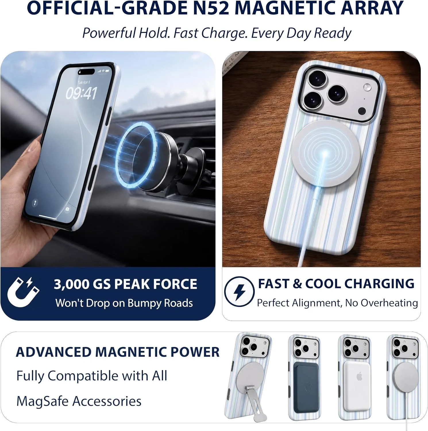 Magnetic for iPhone 17 Pro Max/18 Pro Max Phone Case, Pastel Blue Striped