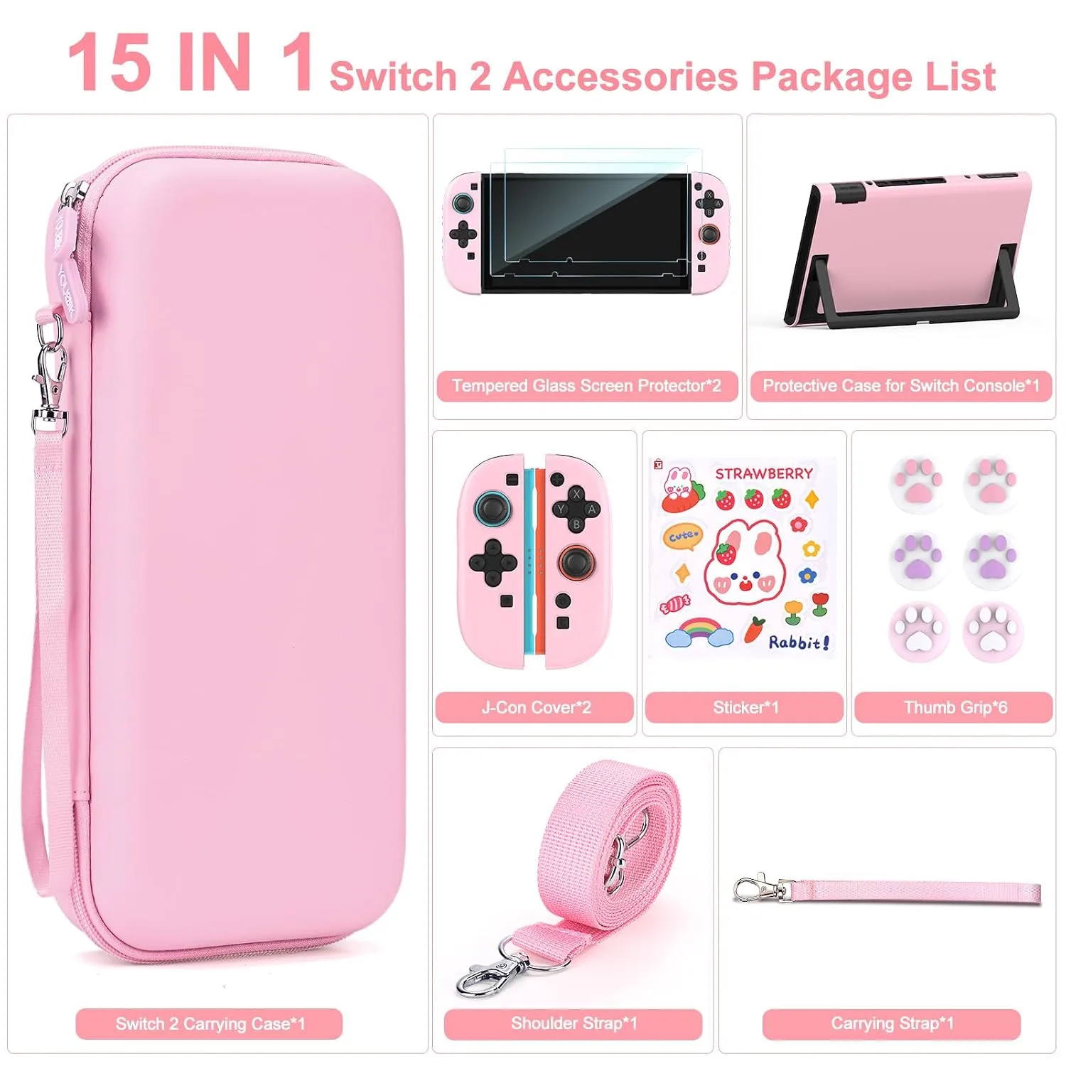 Younik Switch 2 Accessories Bundle, 15 in 1 Pink Switch 2 Accessories Kit for Girls Include Carrying Case, Shoulder Strap, Wrist Strap & Stickers, Protective Case for Switch Console & J-Con