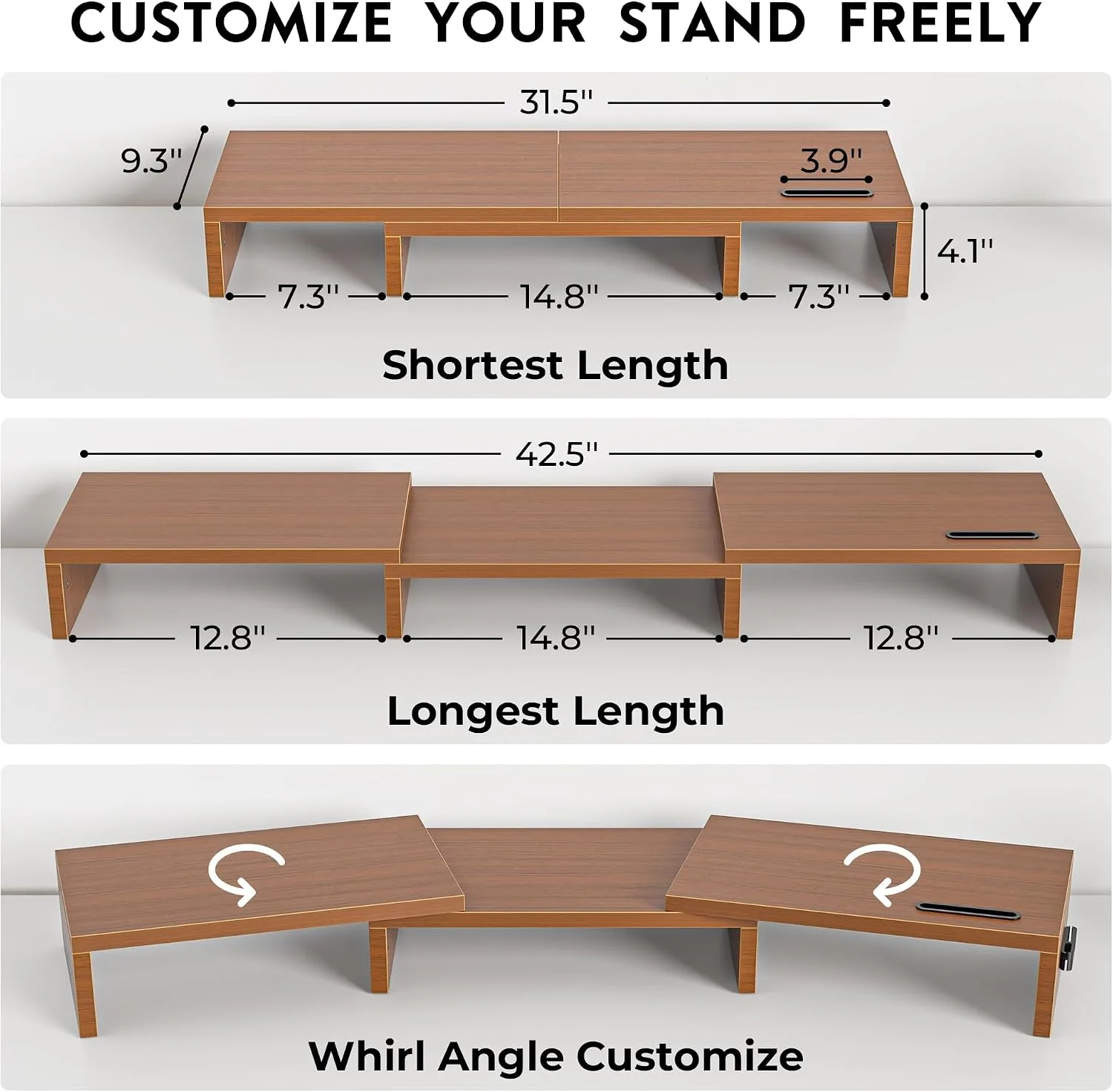 BONTEC Dual Monitor Stand Riser, Adjustable Length & Swivel Angle, Walnut