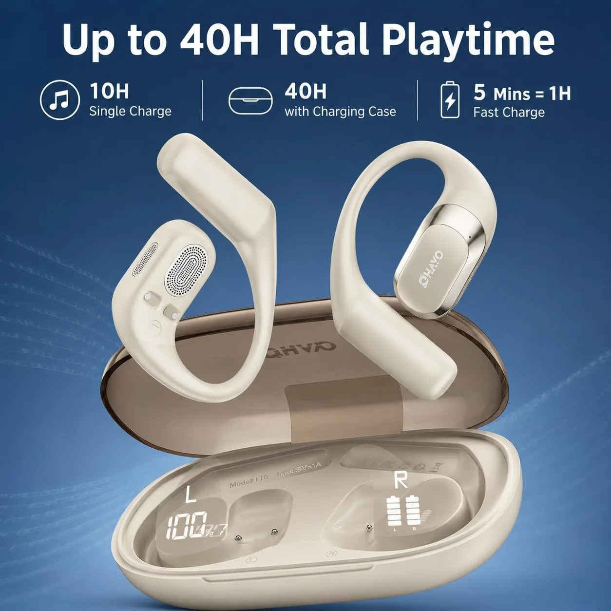 OHAYO Open Ear Headphones,Earbuds with Ergonomic Earhook,Bluetooth Headphones 5.4 with Smart Digital Display,40H Playtime,IPX6 Waterproof,Touch Control Earphones Fit Cycling,Running,Workout(Beige)