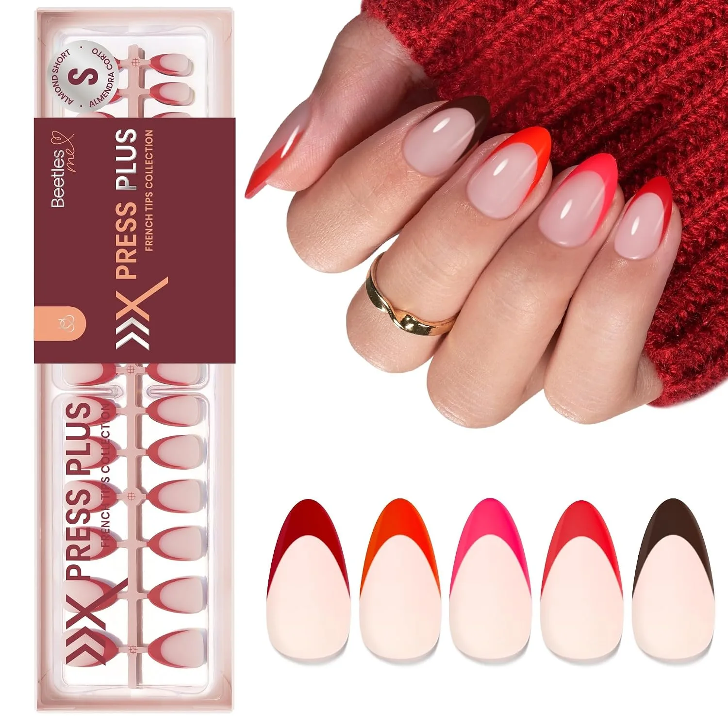 Beetles Red French Tip Press On Nails - Short Almond 5 Colors 160 Pcs
