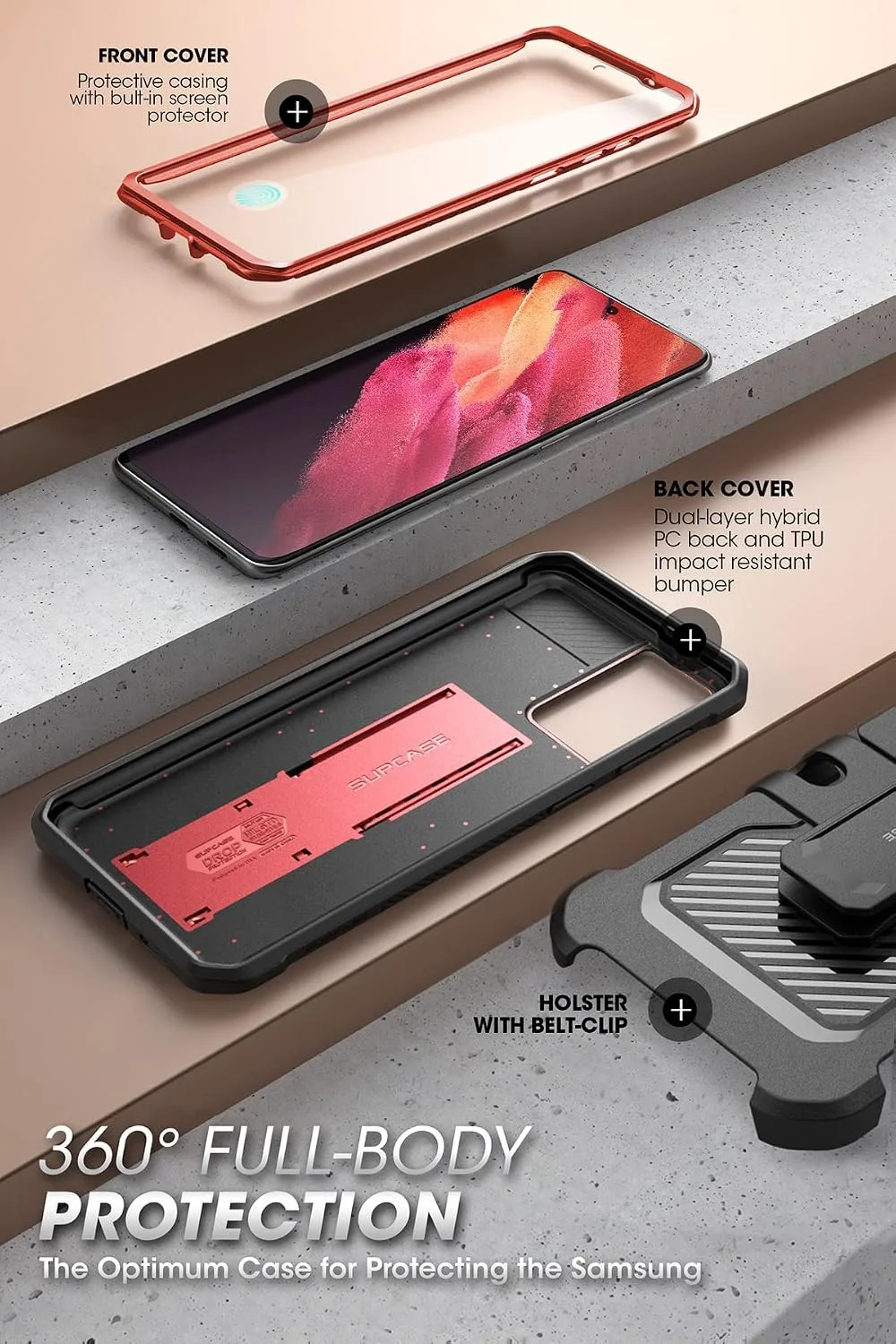 SUPCASE for Galaxy S21 FE Case with Built-in Screen Protector, Ruddy