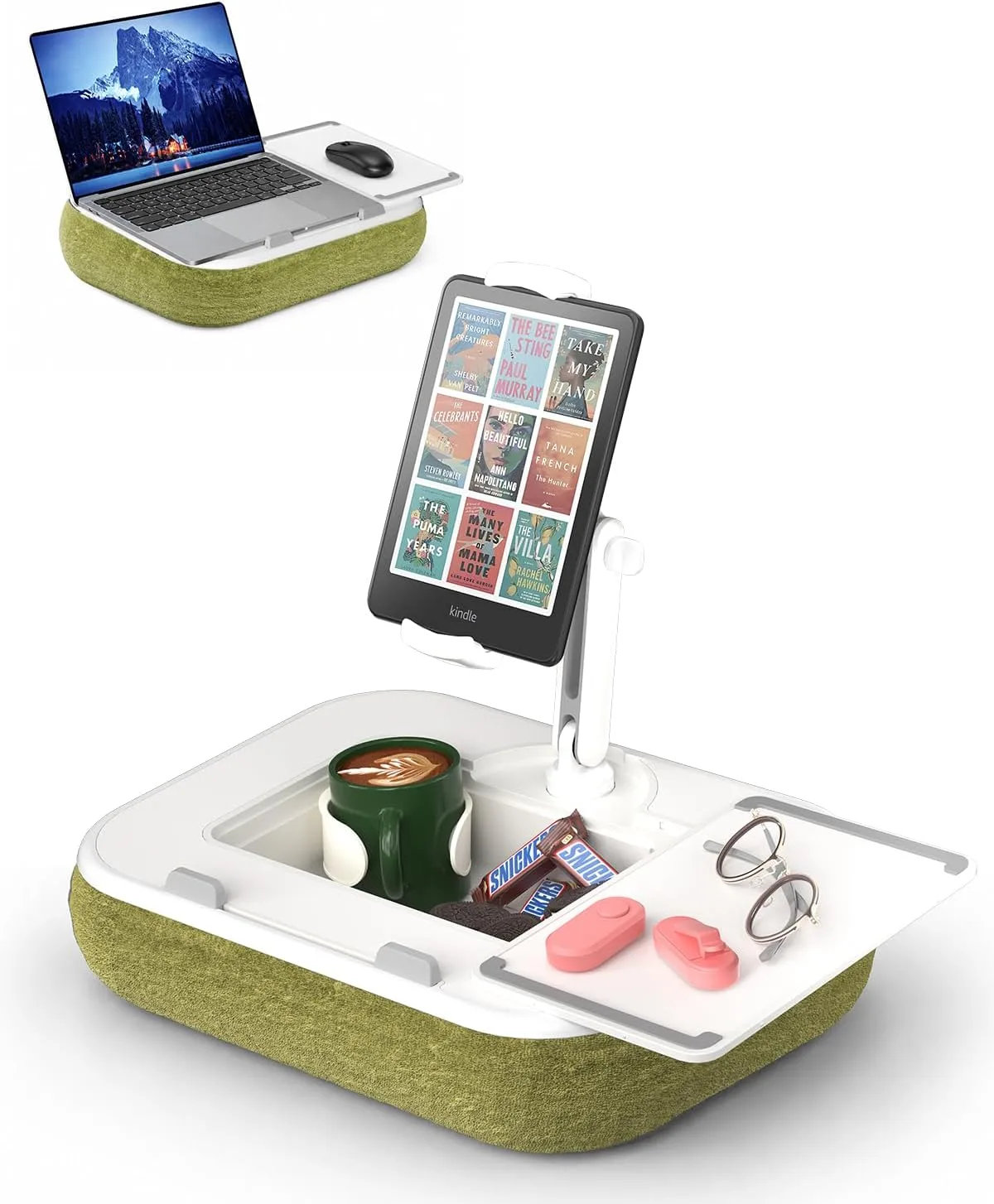 Viozon Kindle Pillow Stand Holder, Phone Holder for Bed, Laptop Lap Desk with Mouse Pad,Compatible with 4.7-13" Kindle/Tablet/Phone,10-15" Laptop, Snack Bowl&Cup Attachment&Detachable 360° Stand Arm
