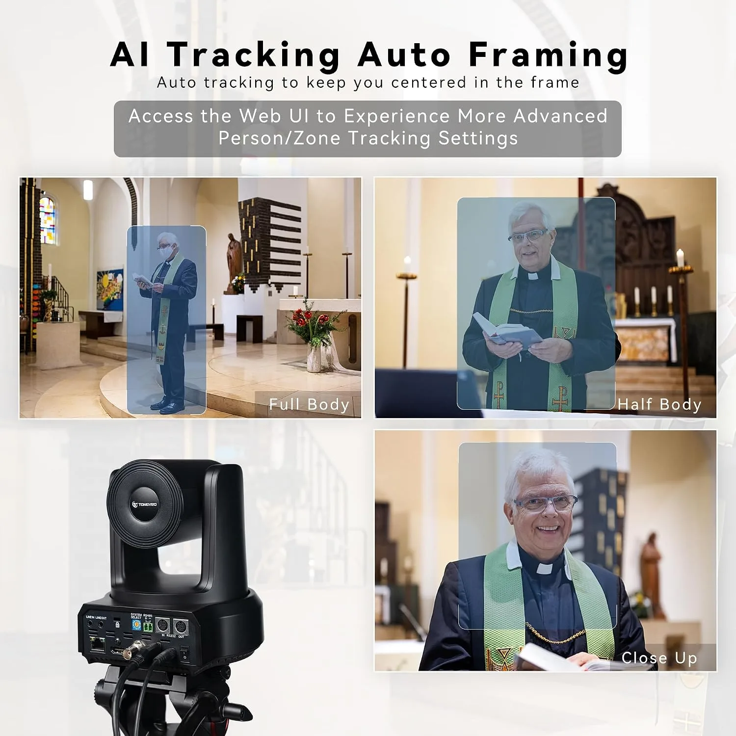 TONGVEO AI Auto-Tracking IP PTZ Camera SDI/HDMI/USB3.0/LAN PoE 30X Optical + 8X Digital Zoom 1080P 60fps for Live Streaming Church Services Education Video Conference with OBS vMix and More