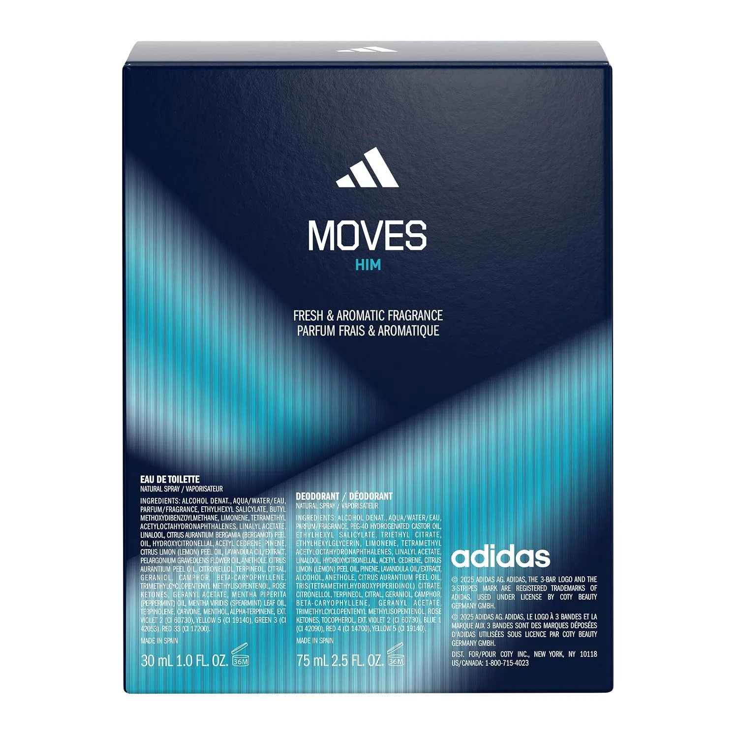 Adidas Moves for Him Giftset,1 fl oz EDT + 2.5 fl oz Body Fragrance, Notes of Green Apple, Cedarwood, Musk, Men's Fragrance, Long Lasting, Sporty Fragrance, Travel Size