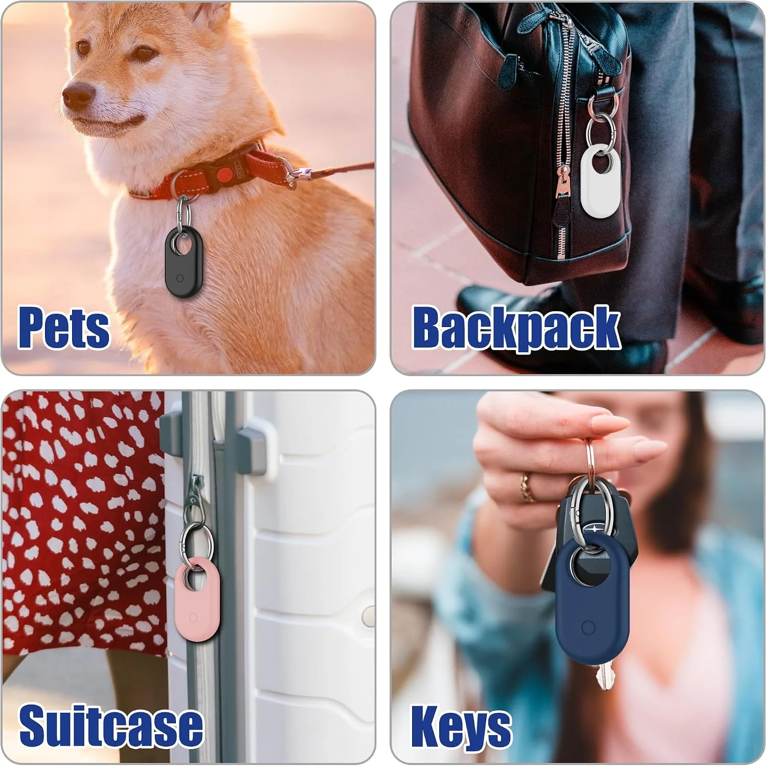 [4 Pack] for Samsung Smart Tag 2 Case, Silicone Holder for Galaxy Smarttag2 with Keychain Full Body Shockproof, Anti-Scratch, for Backpacks, Keys, Luggage, Pets, Dog Collars, Black, White, Blue, Pink