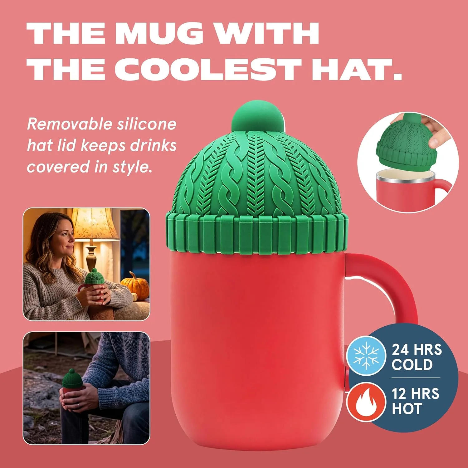 asobu Happy Hat Mug – 12 oz Double-Walled Stainless Steel Insulated Cup with Beanie-Shaped Lid – Ceramic Inner Coating – Spill-Proof and Ergonomic Design for Home and Travel (Red)