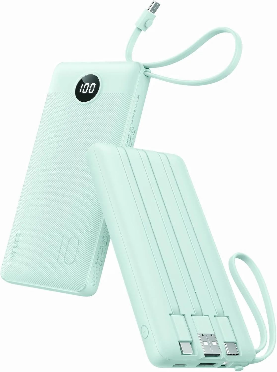 VRURC Portable Charger, Slim Power Bank Built-in 4 Cables, Travel Essential