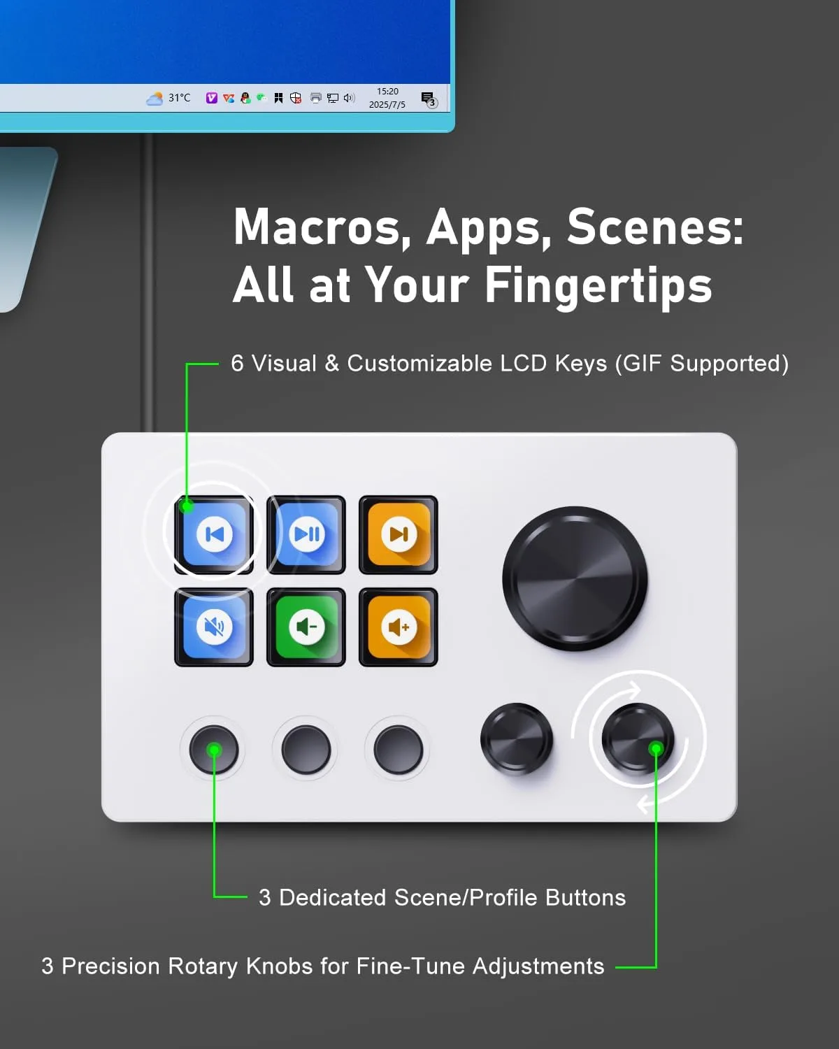 TreasLin VSDinside Streaming Controller Deck Visual Shortcut Keyboard with 12 Customizable Macro Keys to Trigger Actions in OBS Twitch YouTube for Content Creators Streaming Gaming Compatible with PC & Mac N3 White