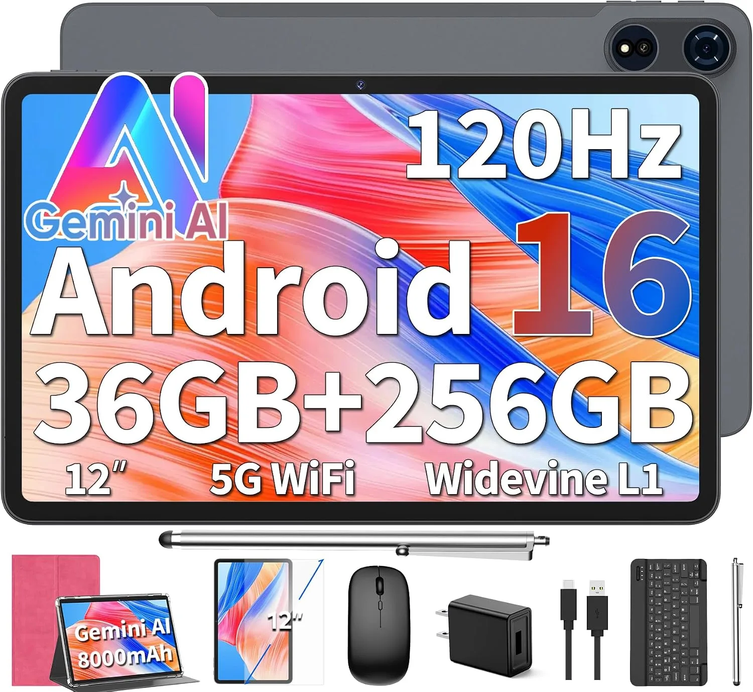 2026 Android 16 Tablet 12 inch - 36GB+256GB+2TB Expand, Gemini AI (Pink)