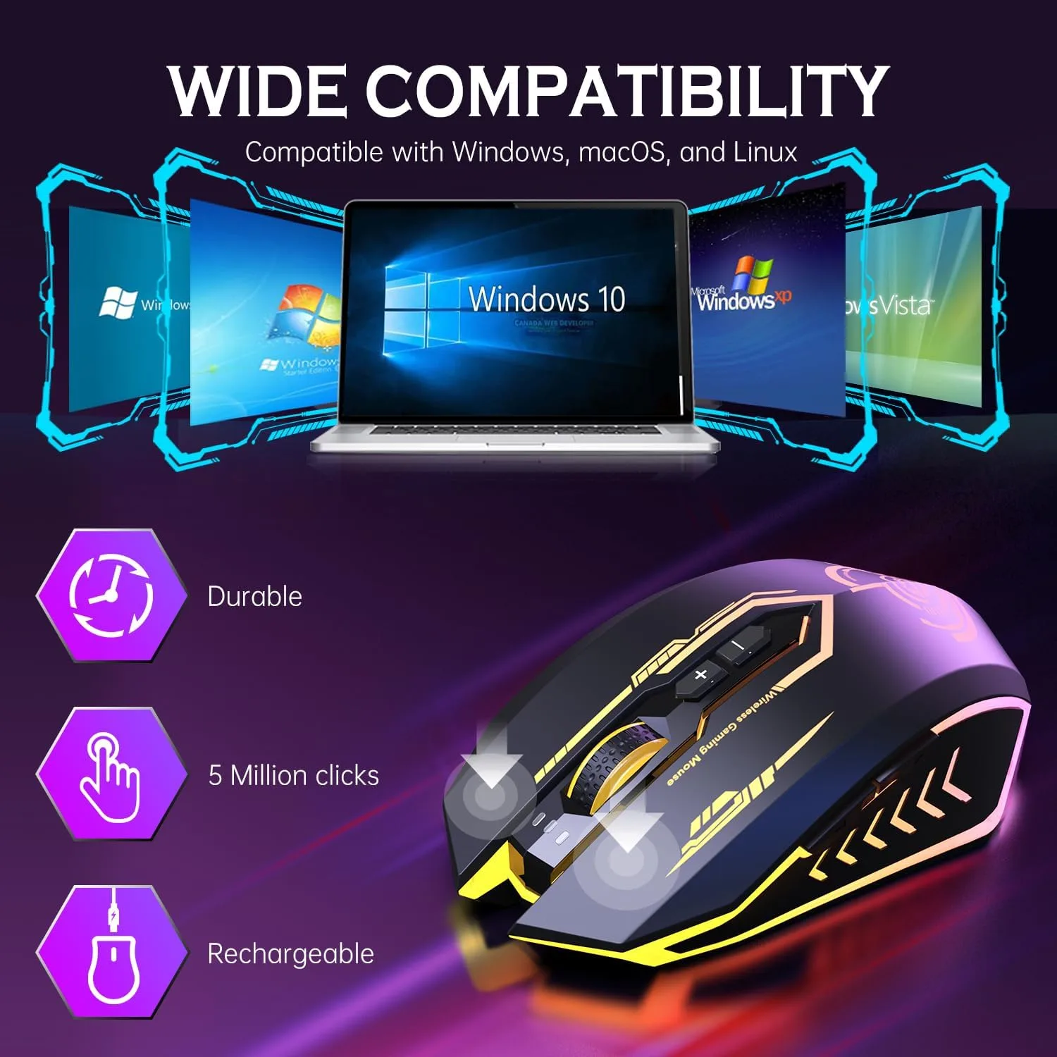 UHURU Wireless Gaming Mouse, Rechargeable 10000 DPI LED PC Mouse