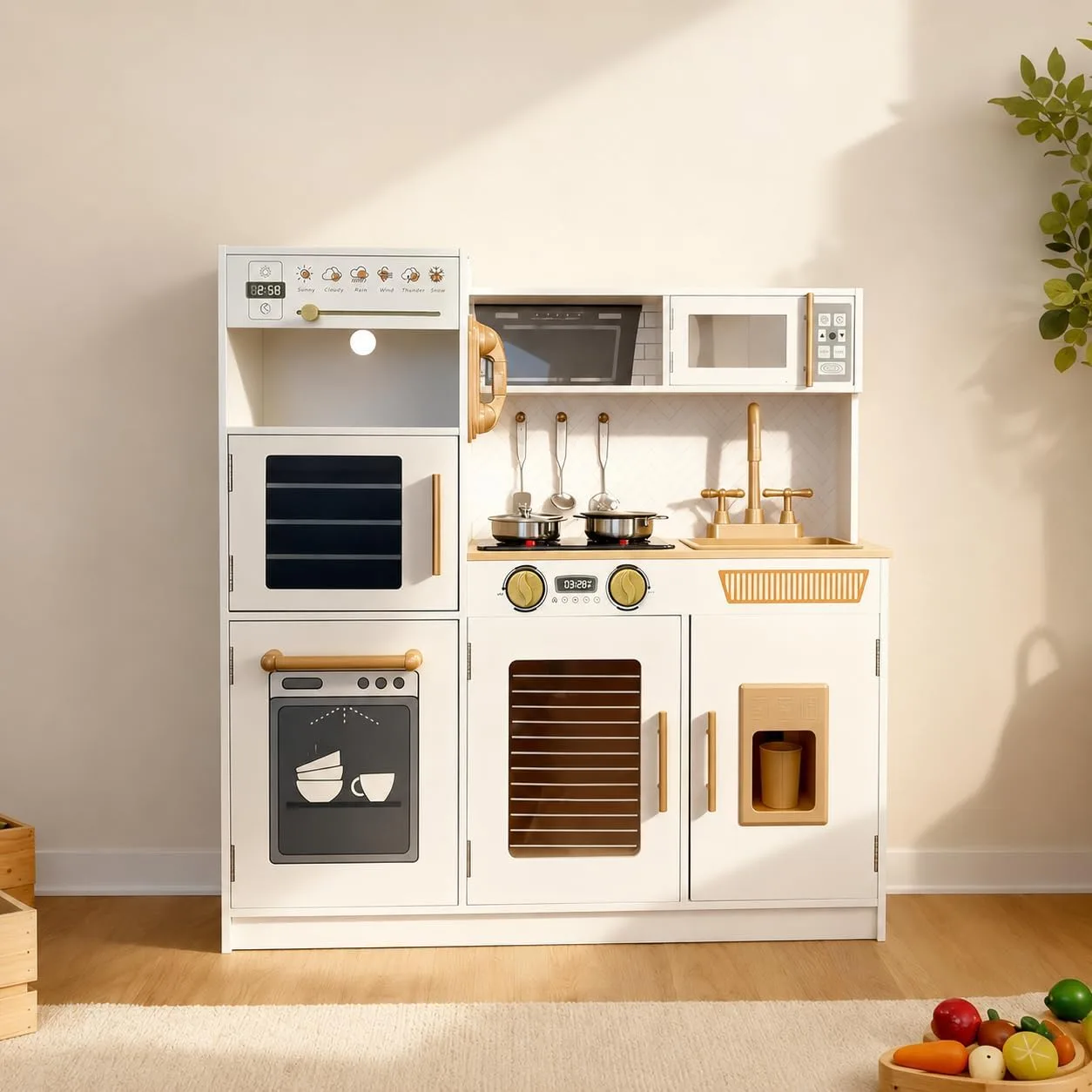 YUG Heavy-Duty Wooden Play Kitchen Set with Real Lights & Sounds, Compliant Premium Pretend Kitchen Toy Including Stove, Oven, Ice Maker, Range Hood, for Kids Ages 3+, ASTM CPSIA Compliant