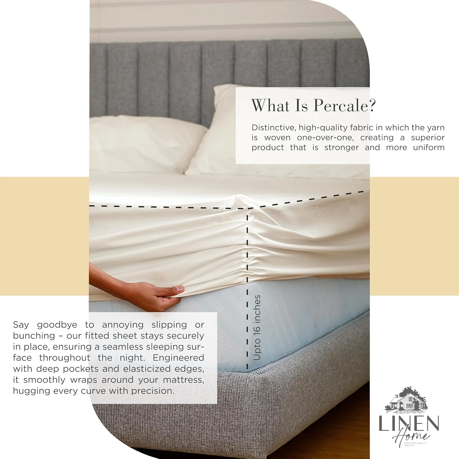 Linen Home 100% Cotton Percale King Sheets, 4 Pc Cooling Set - Ivory