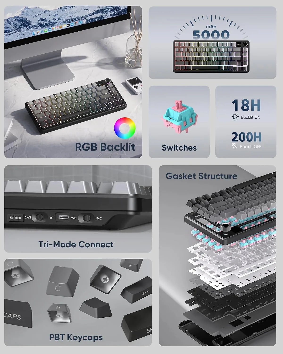 RedThunder K75 Pro Wireless Mechanical Gaming Keyboard, TFT Screen & Knob, 75% Tri-Mode, Pre-Lubed Switches, RGB Backlit, Side Printed PBT Keycaps, Creamy Sound Gasket Computer Keyboard, Gradient Gray