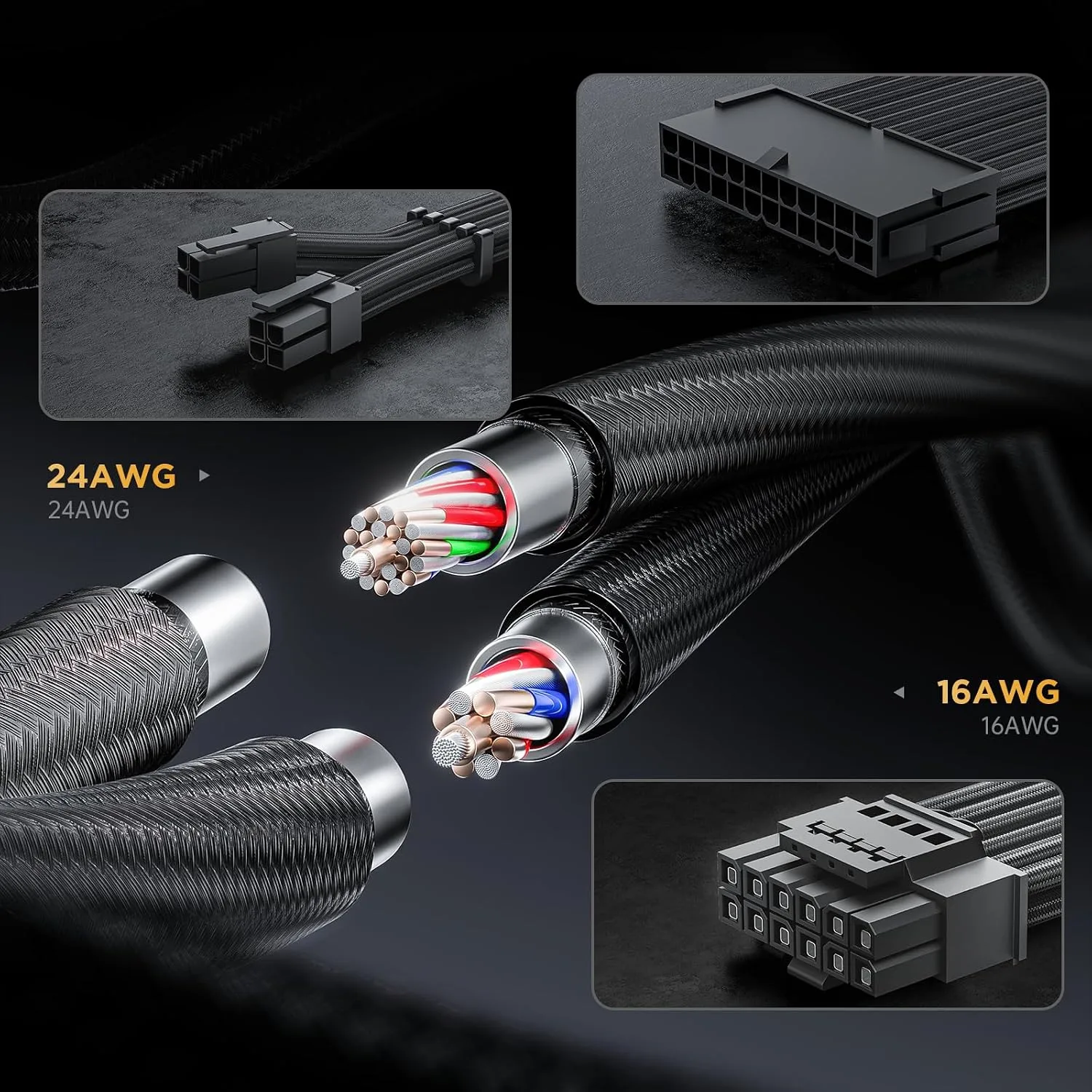 AsiaHorse 12VHPWR Cable Extension Kit, 16AWG Pcie 5.0 PSU Cable Extension Kit Soft Braided Power Supply Cable Extension, 24pin ATX /4+4pin EPS /12+4pin, 30CM Length with Cable Combs