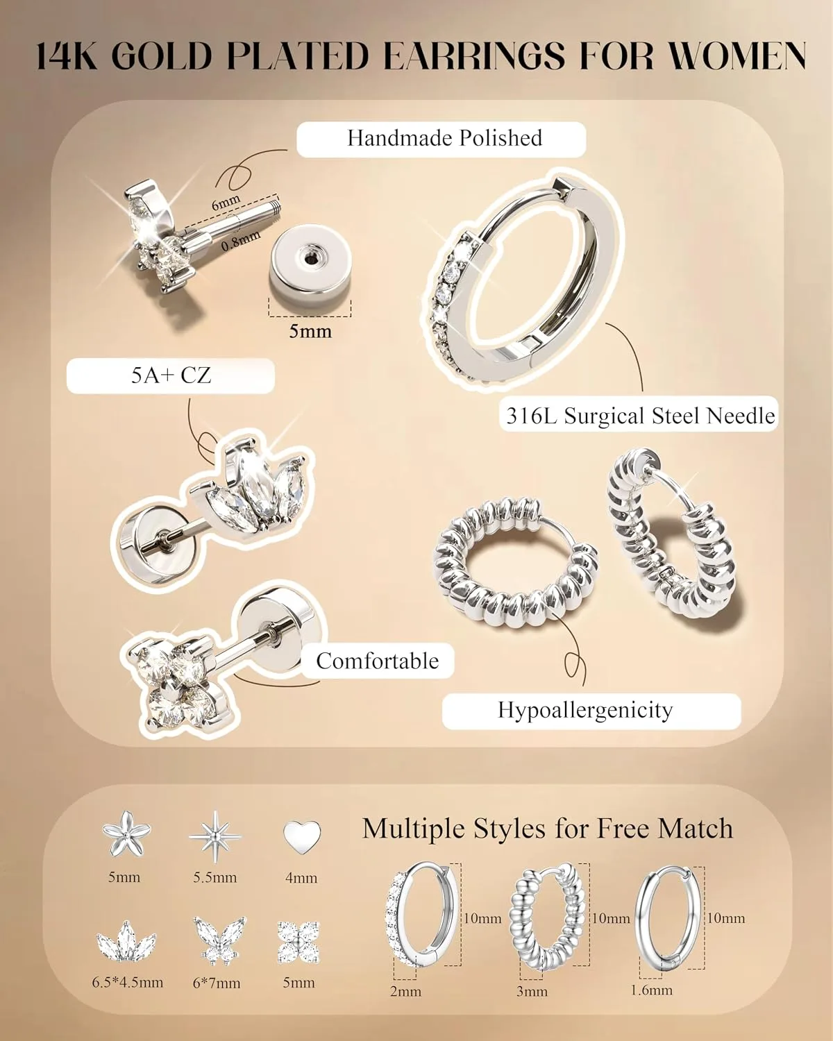Dochais 14K Gold Plated Surgical Steel Earrings 9 Pairs Flat Back Earrings Small Cartilage Hoop Earring for Women Trendy Hypoallergenic Flatback Stud Stacks for Multiple Piercing Lightweight Jewelry