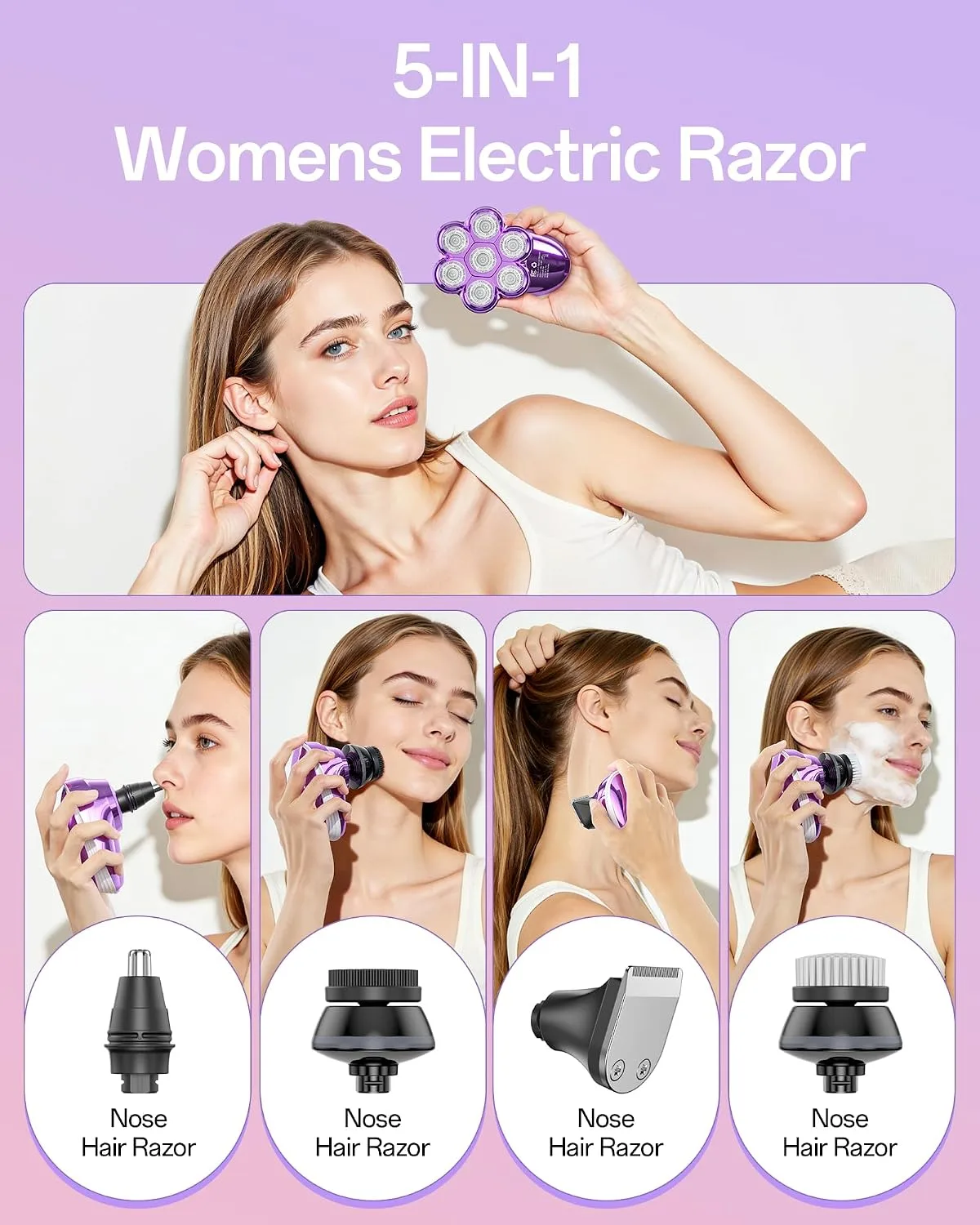 5-in-1 Electric Razors for Women, 7D Electric Shavers for Womens Full Body Legs, IPX7 Waterproof Wet Dry Travel Bikini Trimmers for Lady Face Bikini Arms Underarms (Deep Purple)