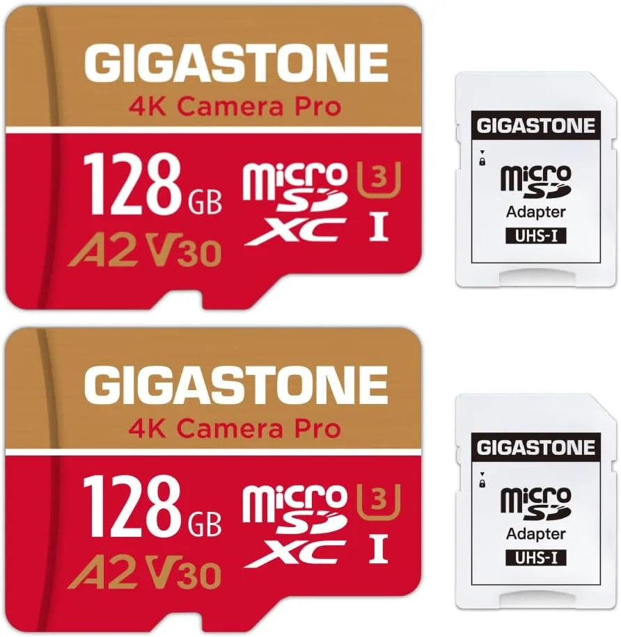 【5-Yrs Free Data Recovery】 GIGASTONE Memory Card 128GB 2 Pack 4K Pro Camera, Compatible with GoPro Switch, Speed 100MB/s. A2 U3 V30 Micro SDXC Card with SD Adapter.
