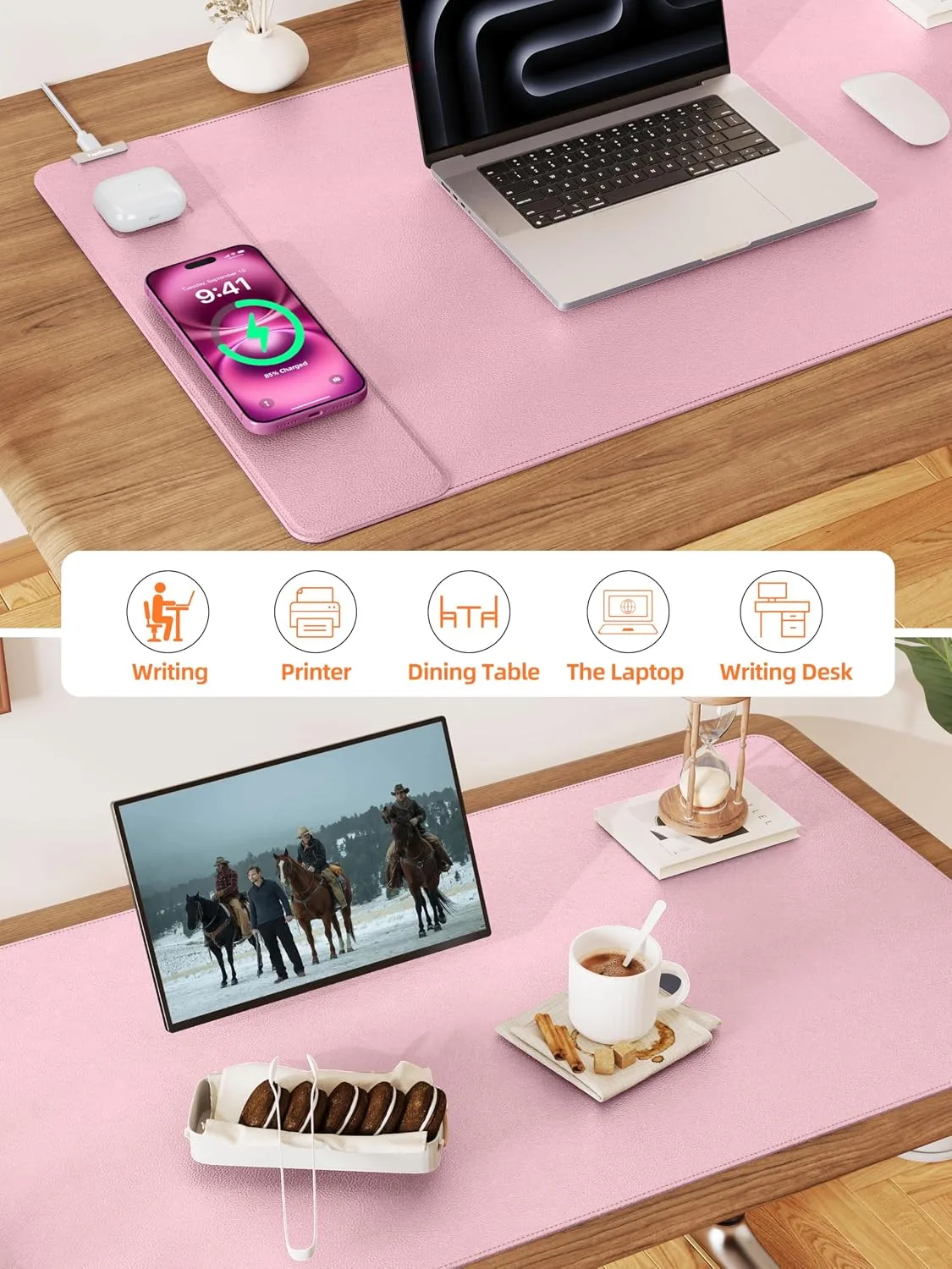 Mouse Pad with 15W Wireless Charging, XXL Large Leather Desk Mat, Pink