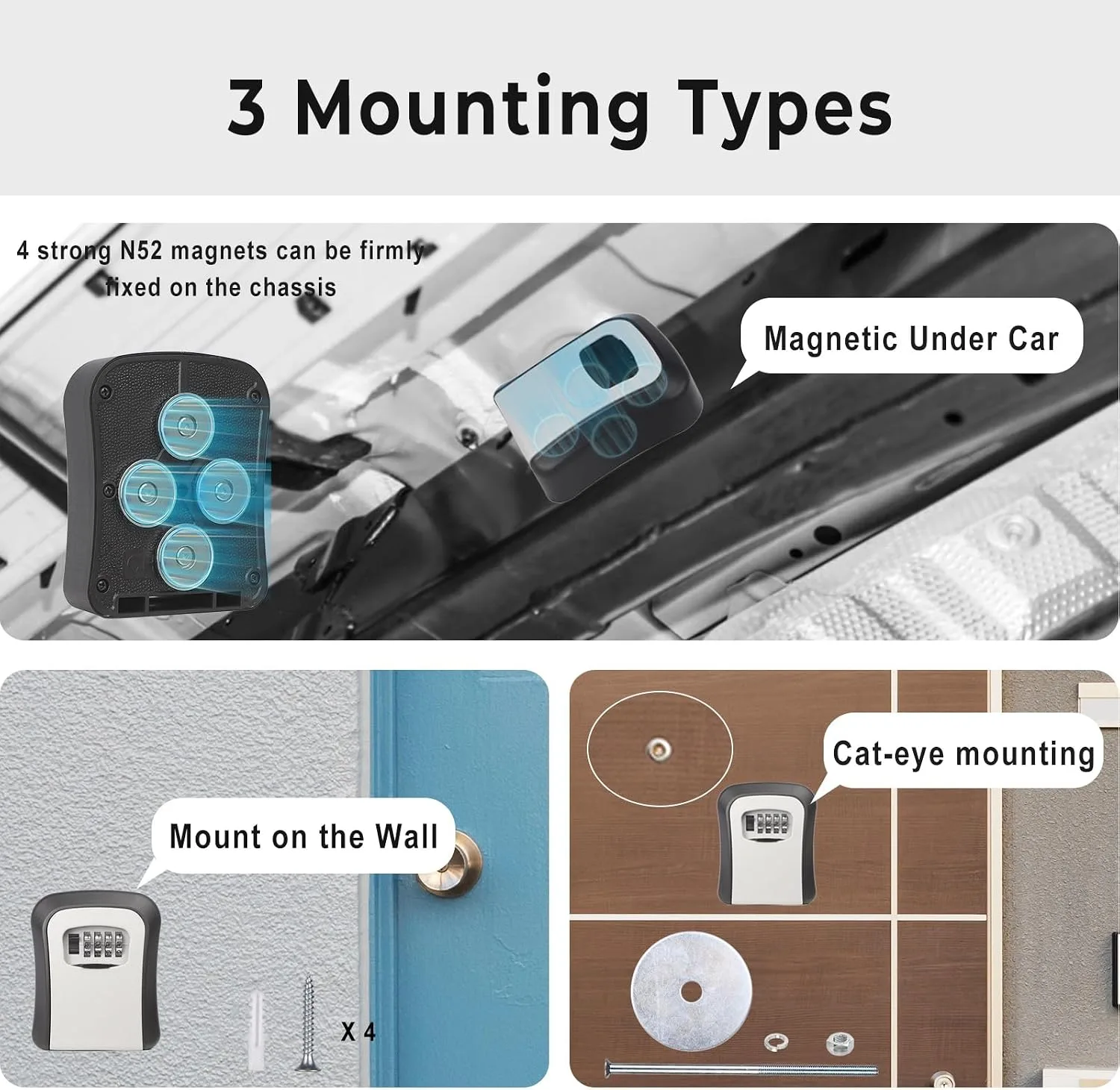 Magnetic Key Holder Under Car, Hide a Key Outside with Combination Lock Box, Resettable Safe Security Code Lockbox with 4 Strong Magnets, Anti-drop Magnetic Box for Under Car, Indoor, Outdoor (Grey)