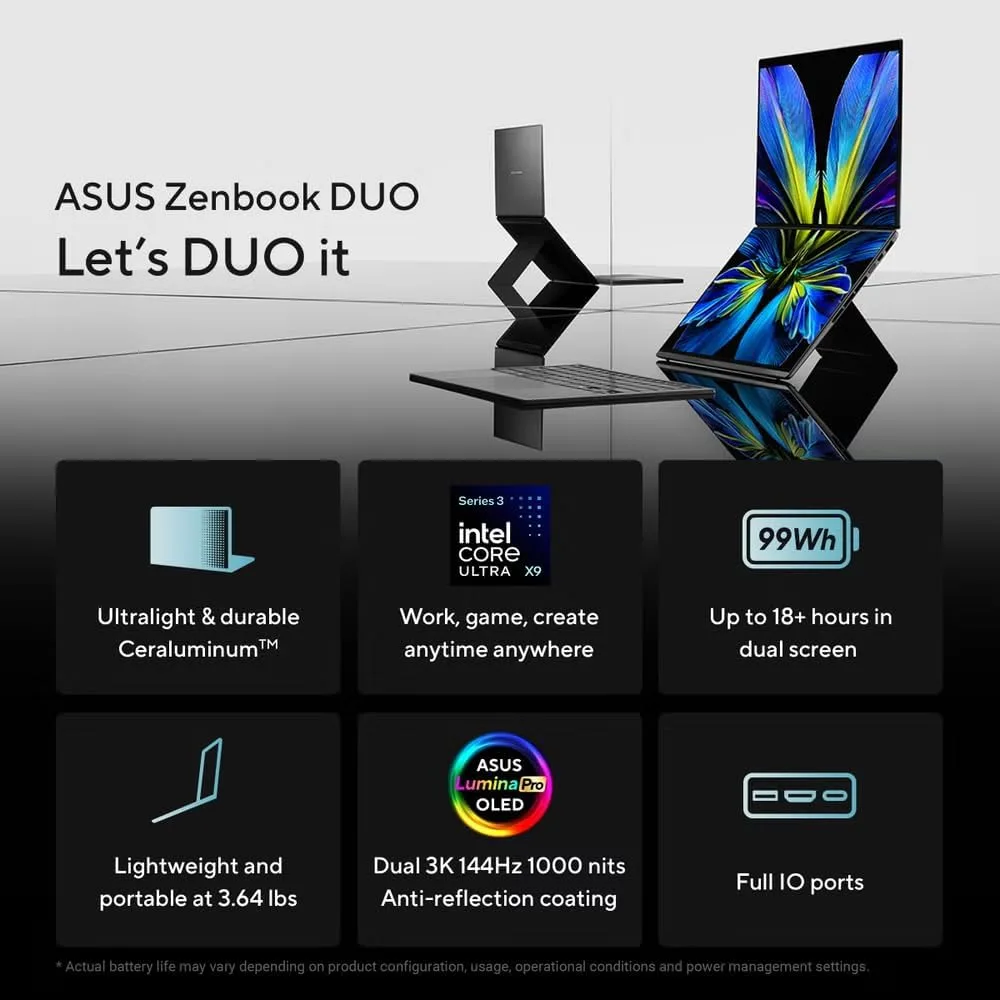 Mavark Zenbook Duo Dual 14” OLED 3K 144Hz Touch Laptop – Intel Core Ultra X9 388H, Intel Arc Graphics, 32GB RAM, 2TB SSD, Stylus Pen WiFi 7, Win 11 Pro CPS Warranty