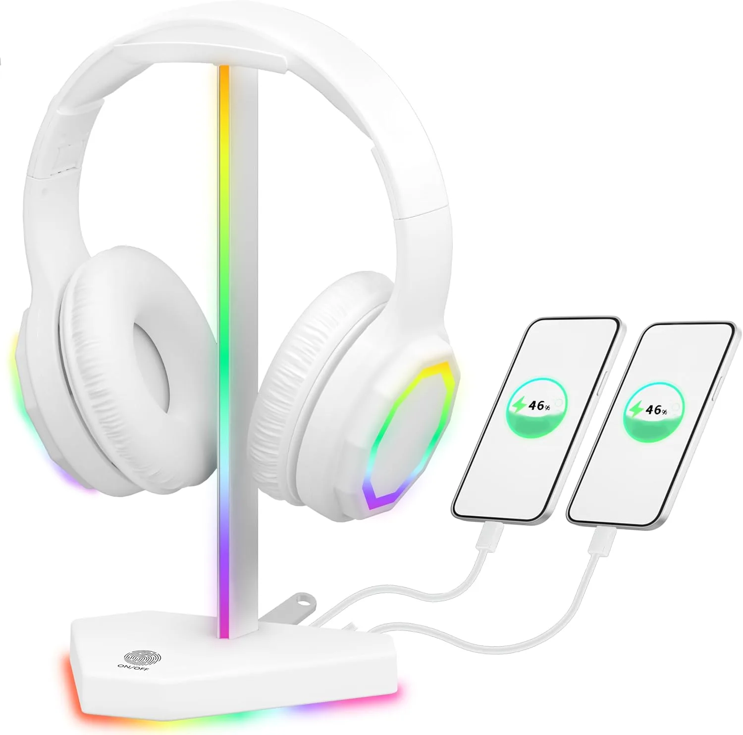 RGB Headphone Stand with 2 USB-C Charging Port and 1 USB Charging Port, Desk Gaming Headset Holder with 7 Light Modes and Non-Slip Rubber Base Suitable for All Earphone Accessories (White)