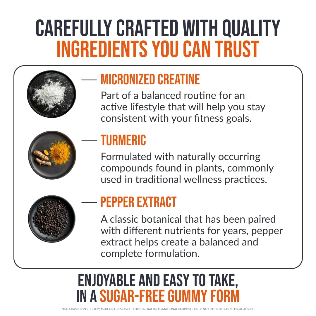 ECOWISE VITAMINS Creatine Monohydrate Gummies 5000 mg per Serving, Mango Flavor, with Turmeric Root & Black Pepper, Sugar Free, Vegan Creatine Gummies, 120 Gummies, 30 Servings