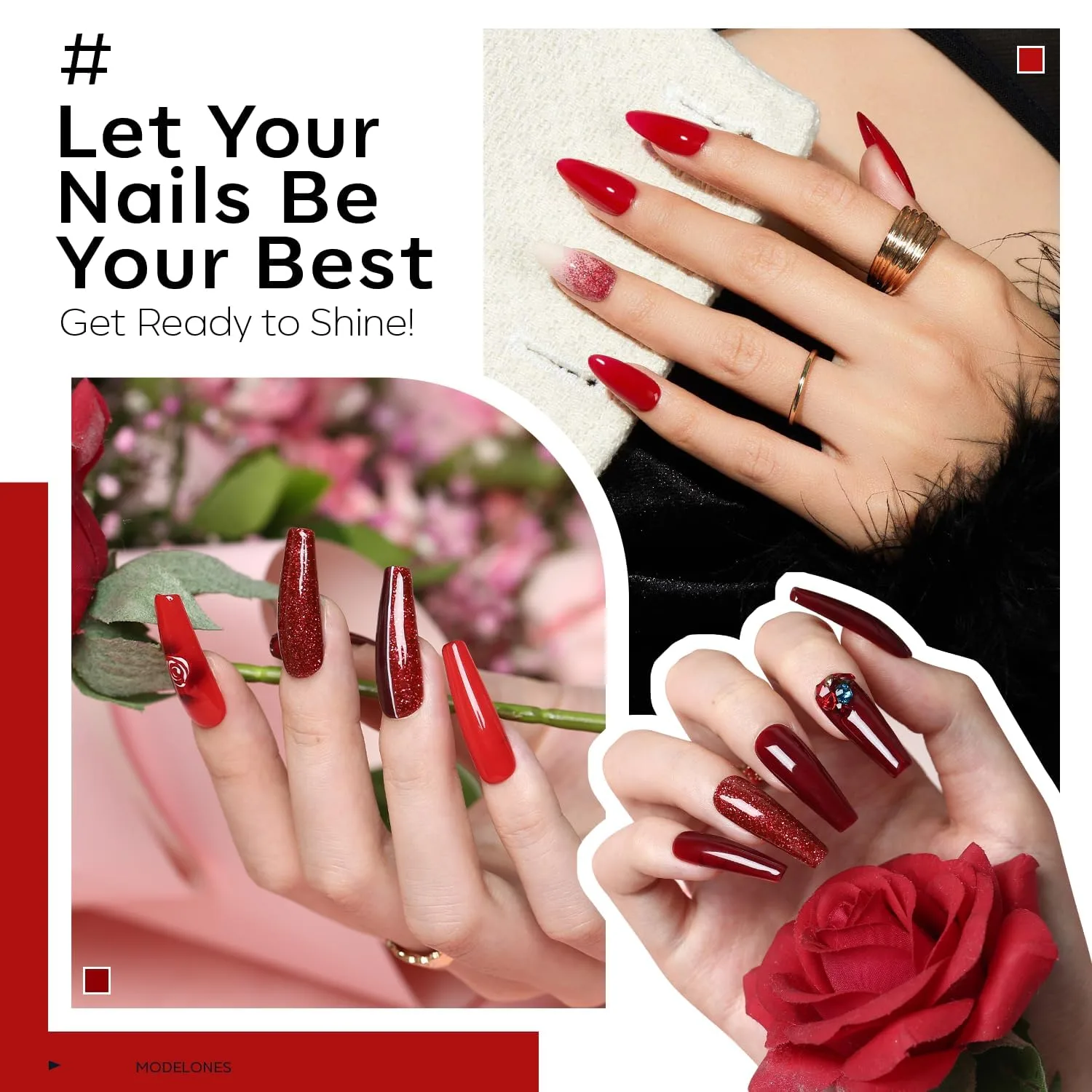 modelones Red Nail Polish, 6 Colors Dark Ruby Cherry Red Glitter Set