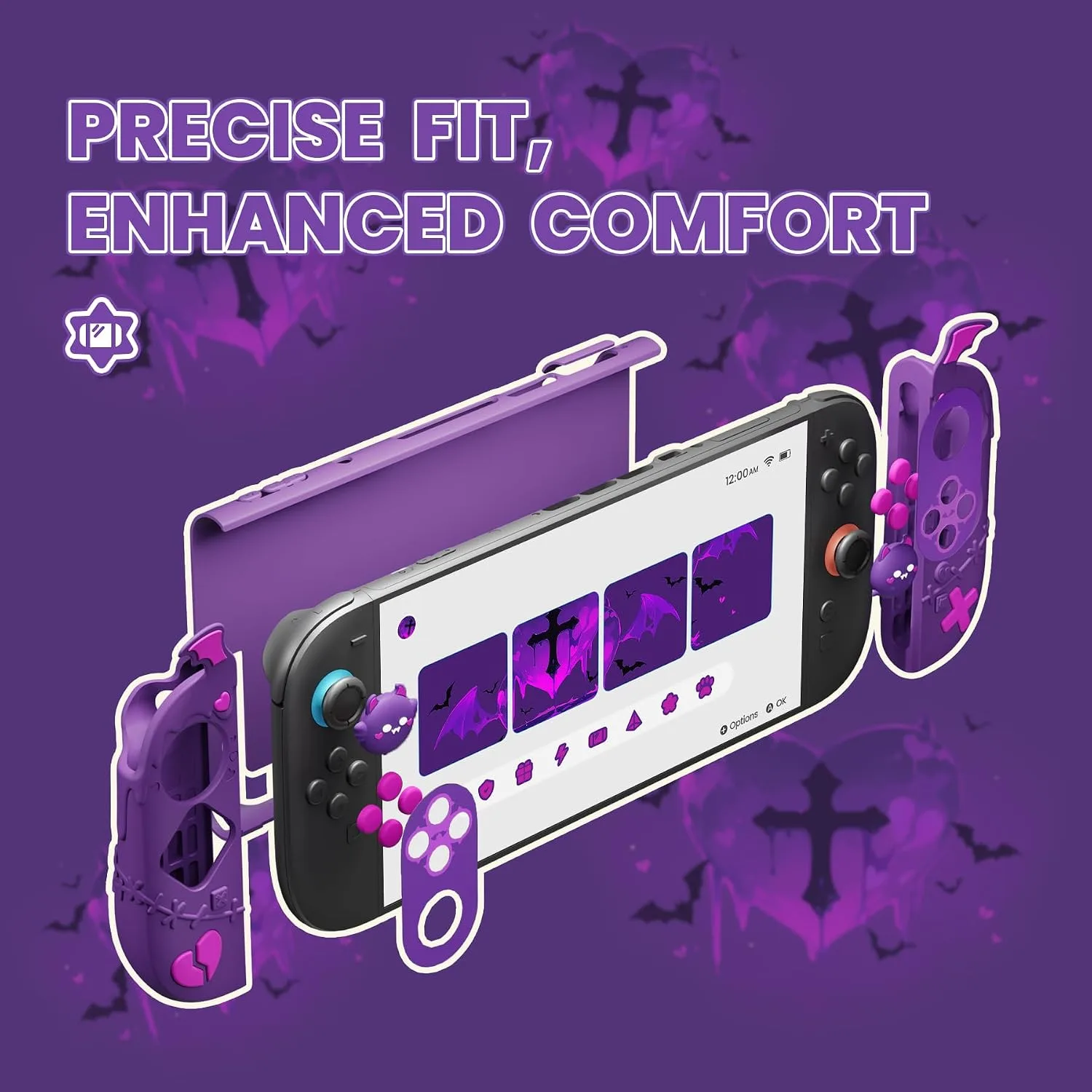 PlayVital Protective Case for Nintendo Switch 2, Kawaii Gothic Imp Series Silicone Grips + Dockable Hard Case Shell for Switch 2 with Thumb Grips & Sticker, Shockproof Protection Cover - Purple