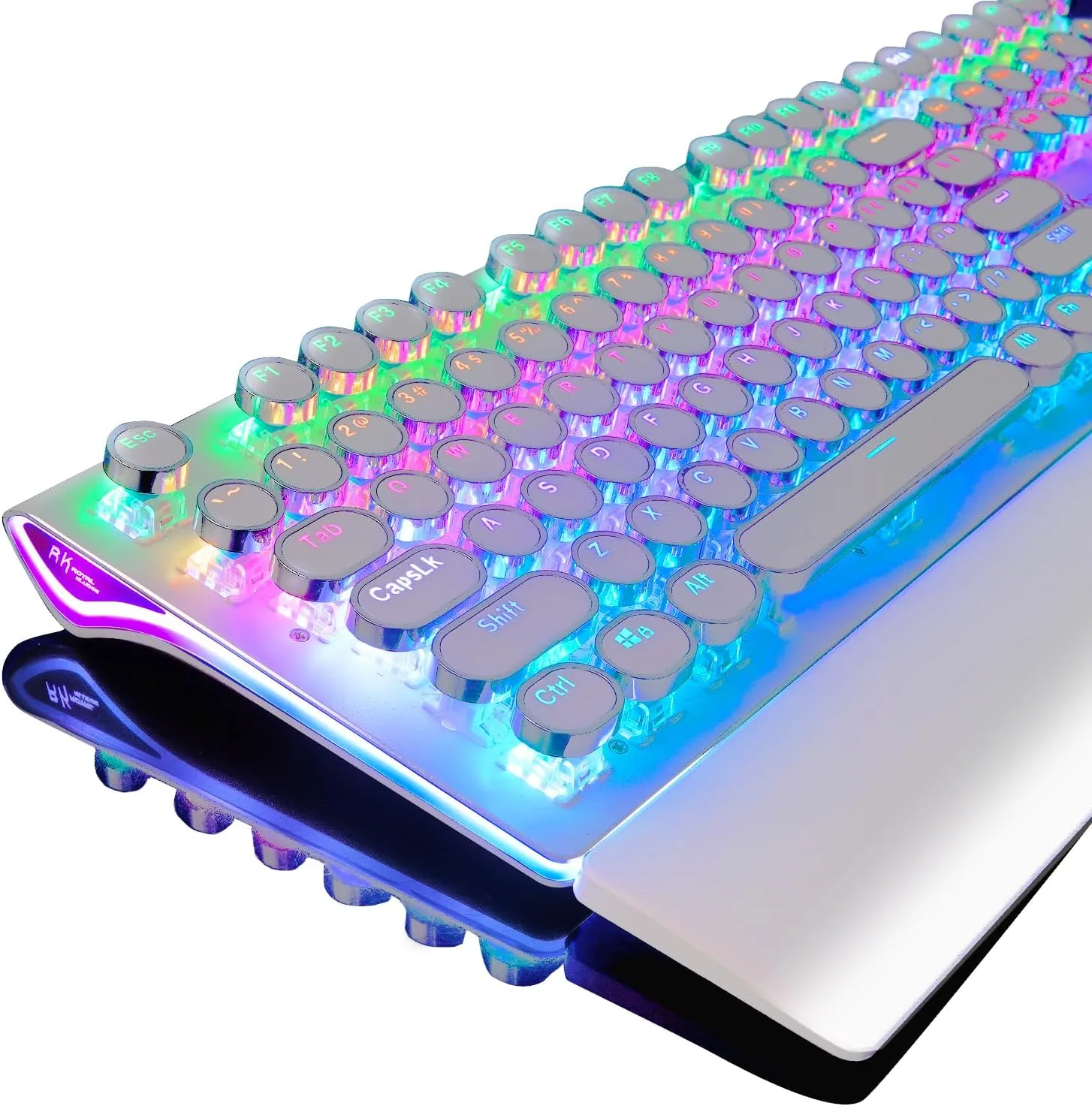 RK ROYAL KLUDGE S108 Typewriter Gaming Keyboard, Retro RGB Mechanical Keyboard, Full Size Wired Keyboards with Number Pad and Detachable Wrist Rest, Round Keycaps, Clicky Blue Switches White