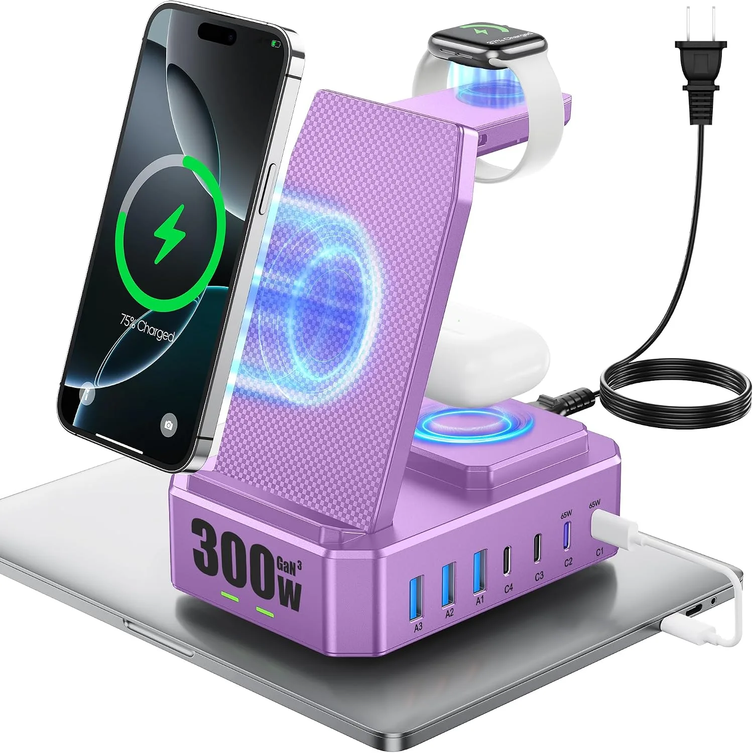 300W Charging Station for Multiple Devices Apple, Zutspzss 10 in 1 Wireless Charger for iPhone 16, GaN III USB C 65W PD Fast Charging Stand Dock for MacBook, Apple Watch&Airpods,Purple