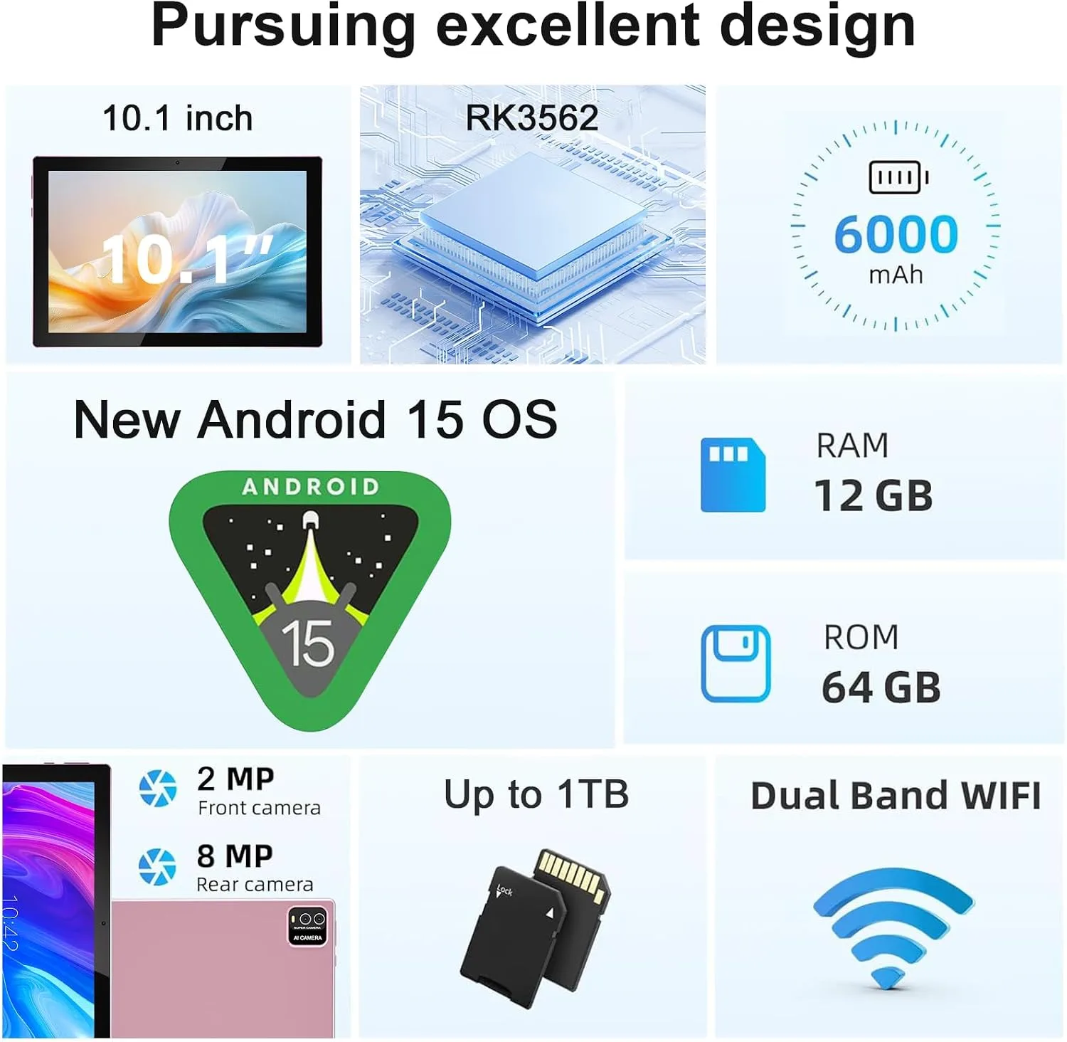 10 Inch Tablet Android Tablets 64GB 12GB RAM 10" Android Tablet Supports 1TB Expansion Dual Camera 6000mAh Long-lasting battery WiFi-6 Tableta 2 IN 1 Tablets with Bluetooth Mouse Case Stylus Keyboard