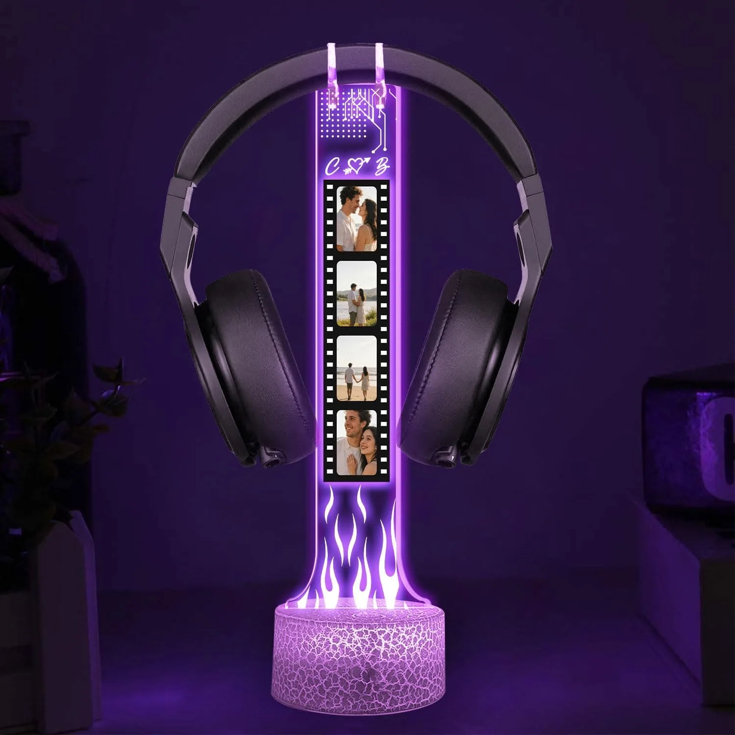 Personalized RGB LED Headphone, Custom Couple Photo Headset Holder, Gaming Decor Gift for Boyfriend, Valentines Day Gift for Him, Custom Couple Gifts, Gifts for Gamers, Photo Headphone