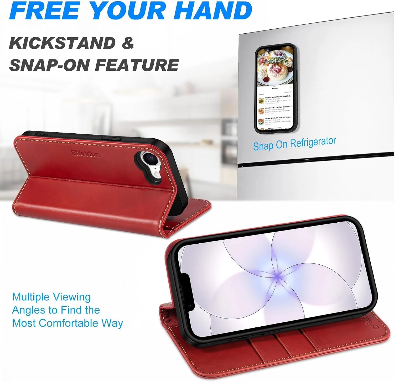 SHIELDON 2 in 1 Genuine Leather Wallet Case for iPhone 17e 6.1", Retro Red