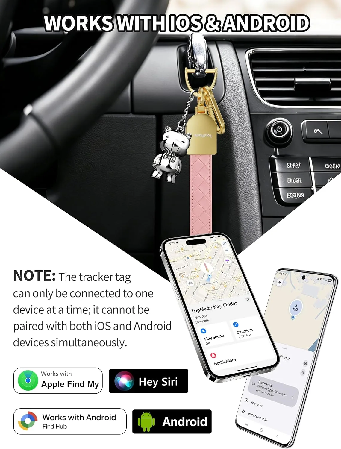 Smart Keychain Tracker (iOS & Android), Car Key Chains Finder, Pink & Gold
