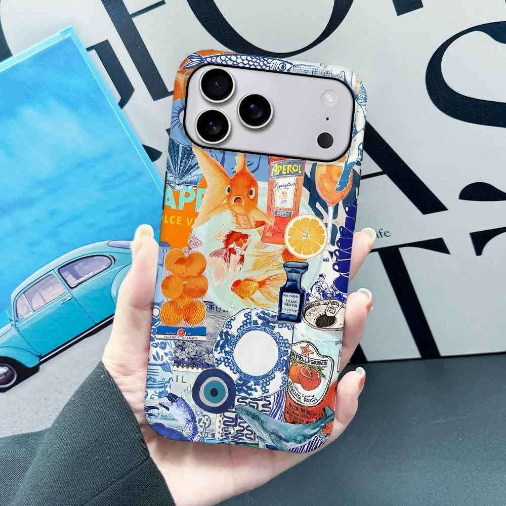 Case Compatible with iPhone 18 Pro Max/iPhone 17 Pro Max,Fall Prevention Hybrid 2-Layer Hard Shell Phone Cover for Girls Boys,Fish Orange Collage European