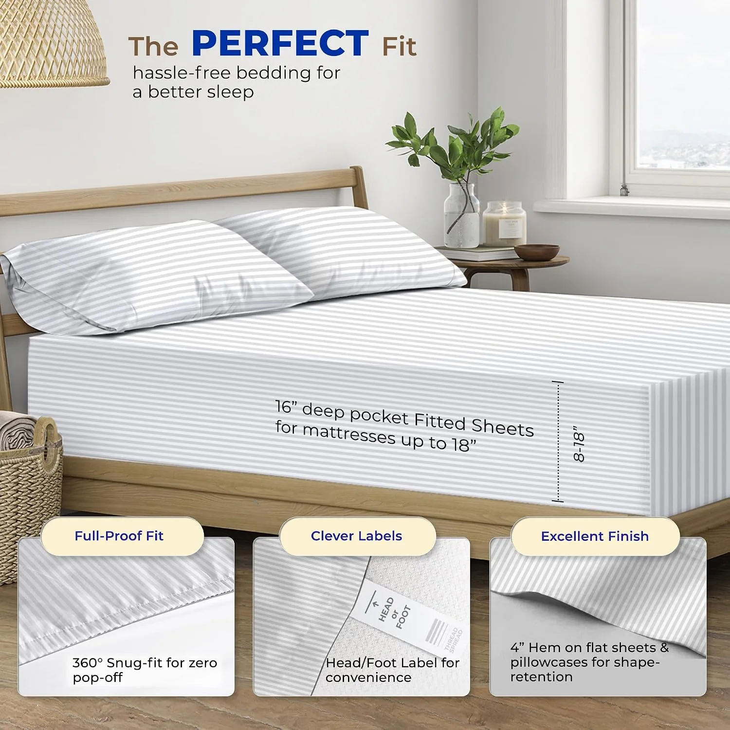 THREAD SPREAD Egyptian Cotton Sheets King Size - Luxury 600 Series King Size Sheets Set (4 PC, White - Stripe), 16" Deep Pocket All Around Elastic, Soft, Cooling, Sateen, Durable Hotel Bed Sheet Sets