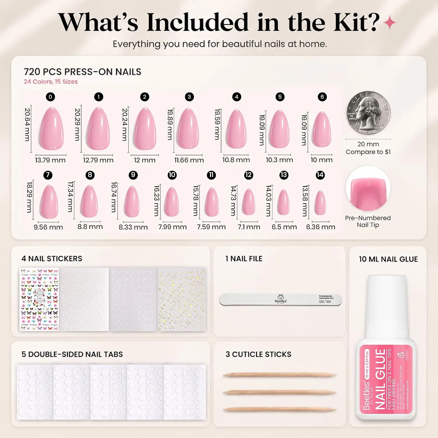 Beetles Press on Nails Kit- 720 Pcs Short Almond 24 Colors