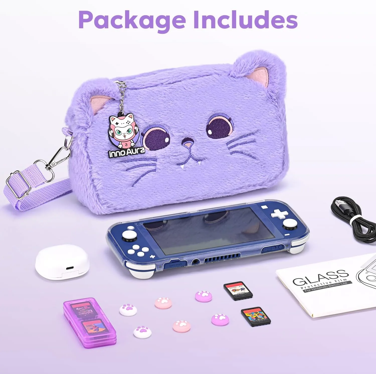 innoAura Switch Lite Case 14-in-1 Accessories Bundle for NS Switch Lite (2019), with Protective Carrying Case, Game Holder, Screen Protector & Cute Thumb Grips, Purple Cat Plush Bag