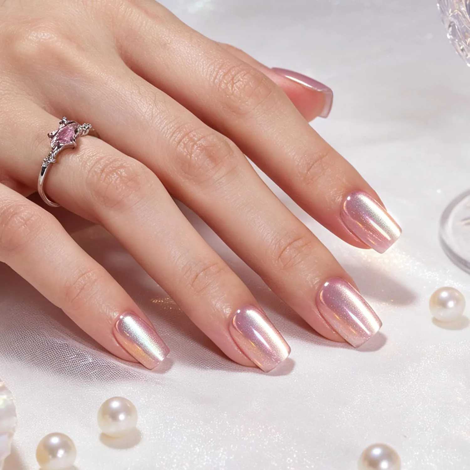 Beetles Pearl Chrome Press On Nails, Purple Cat Eye Short Square, 30 PCS