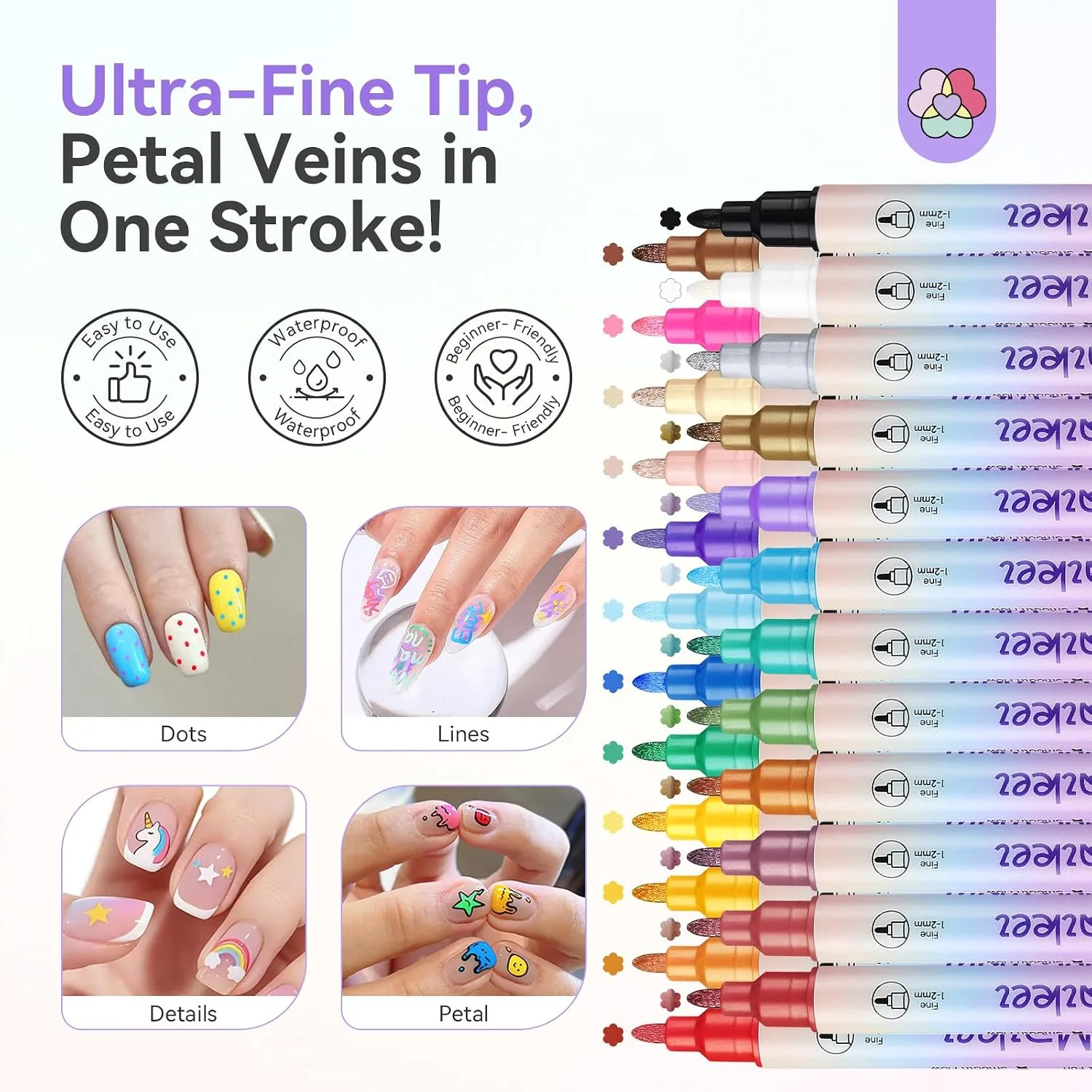 SAVILAND 24 Colors Nail Art Pens Set, 0.5mm Dual Tip Nail Polish Pens