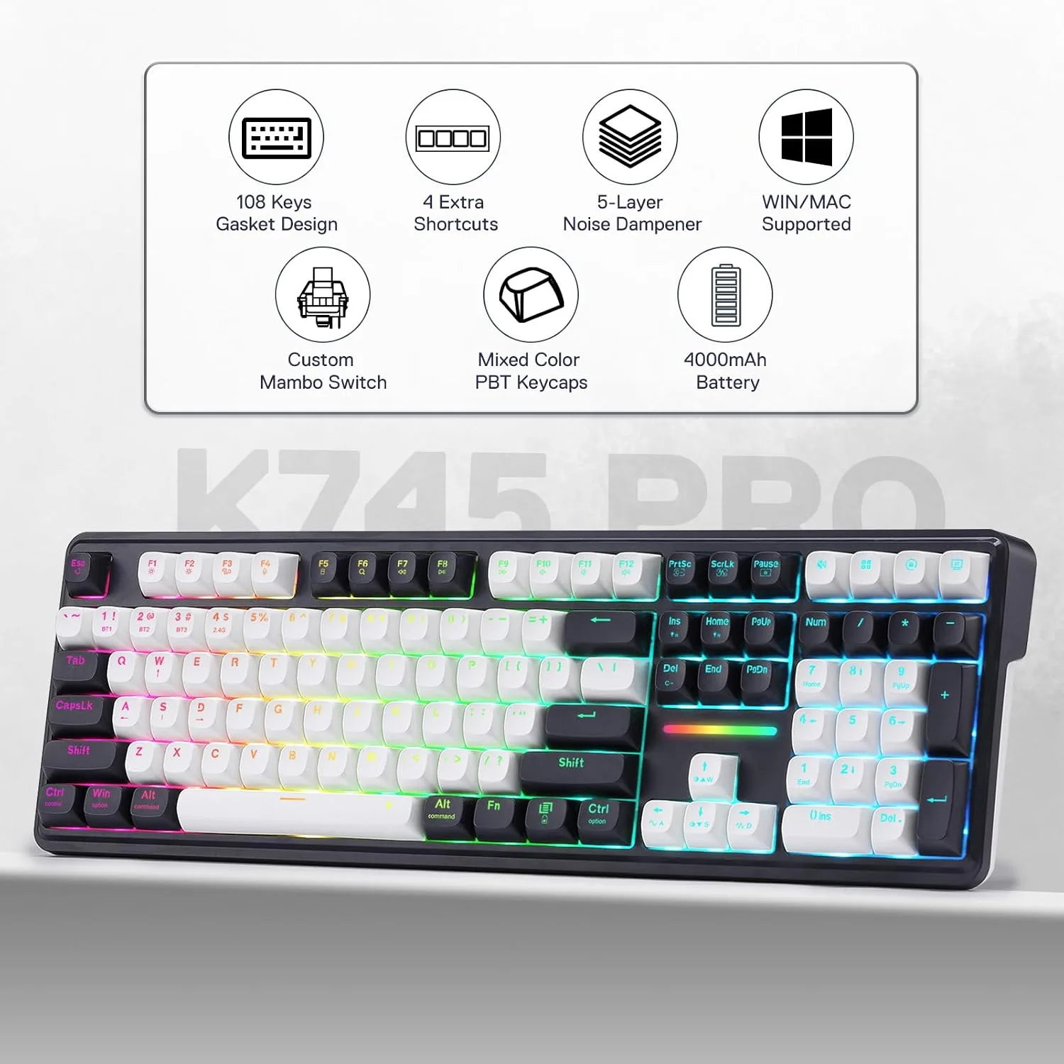 Redragon K745 PRO Wireless 108-Key Gasket RGB Gaming Keyboard, 4 Hotkeys