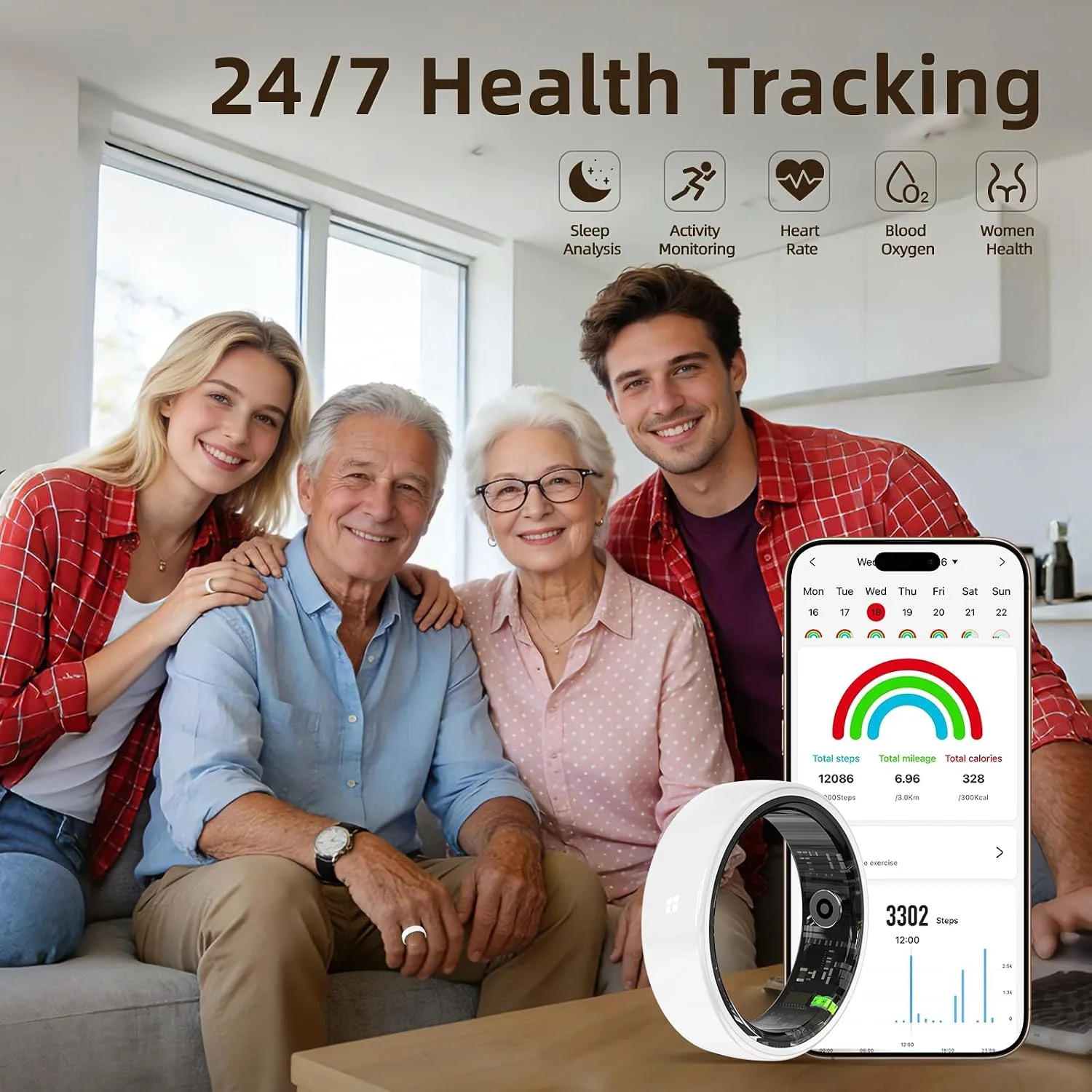 Smart Ring, Ceramics Fitness Tracker & Health Monitoring Ring with Heart Rate Sleep Tracking, Multi-Sport Activity Tracker, 5ATM Waterproof, iOS Android Compatible (White, 9)