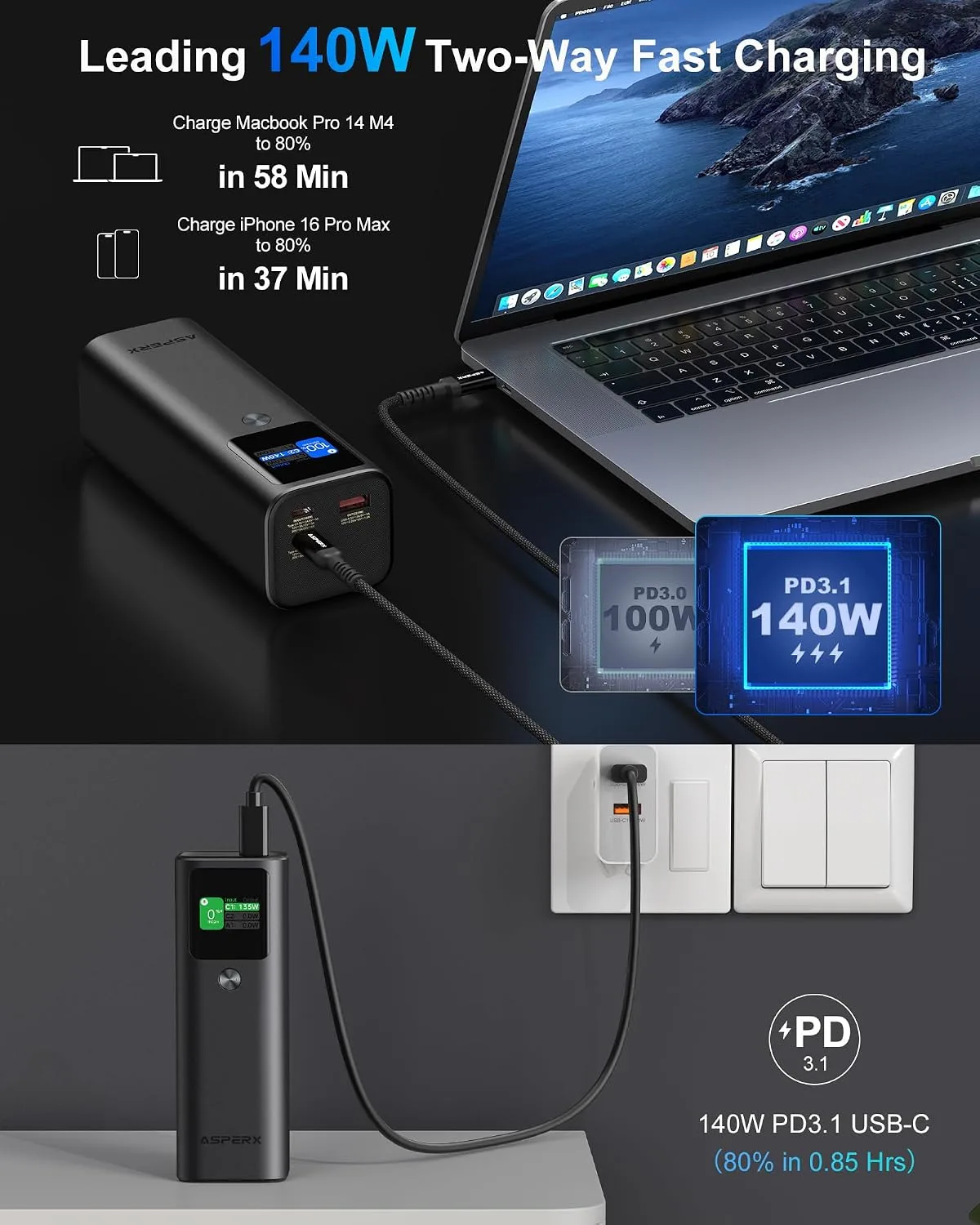 AsperX Laptop Power Bank, 27,600mAh 162.5W PD3.1 Charging Aluminum Unibody